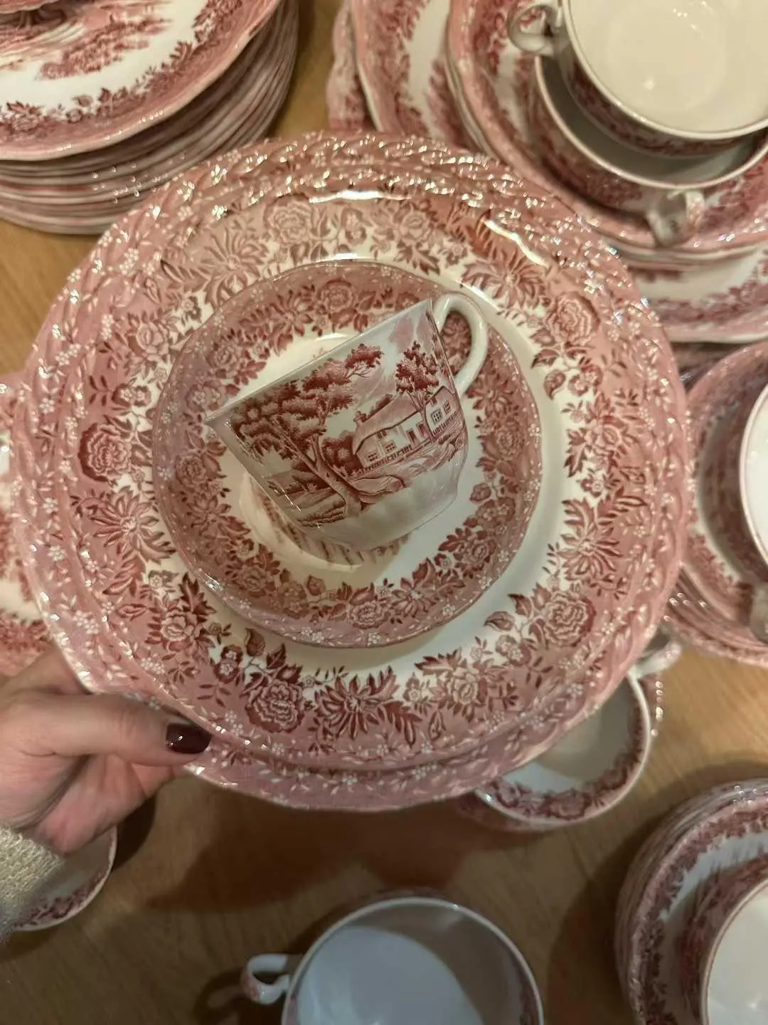 British Vintage Dinner Plate Set with Red Printed Motif