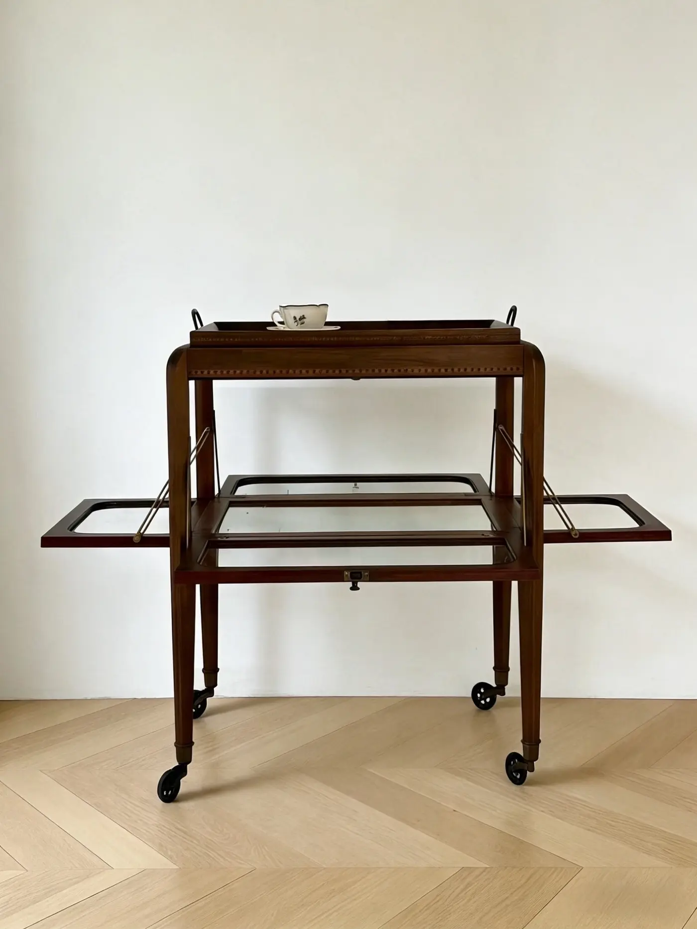 1930s French Kirby Beard Antique Tea and Bar Trolley with Fold-Out Glass Trays