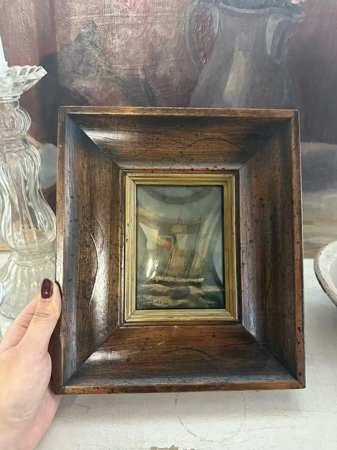 French Vintage Hand-Painted Sailing Ship in Wooden Frame, Signed