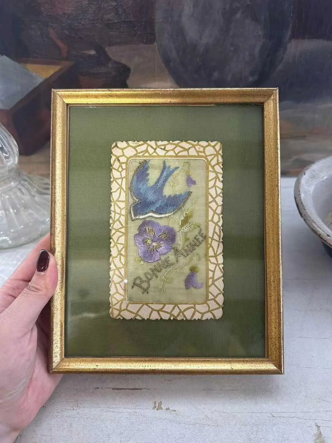 Framed French Antique Card Wall Hanging, 1934