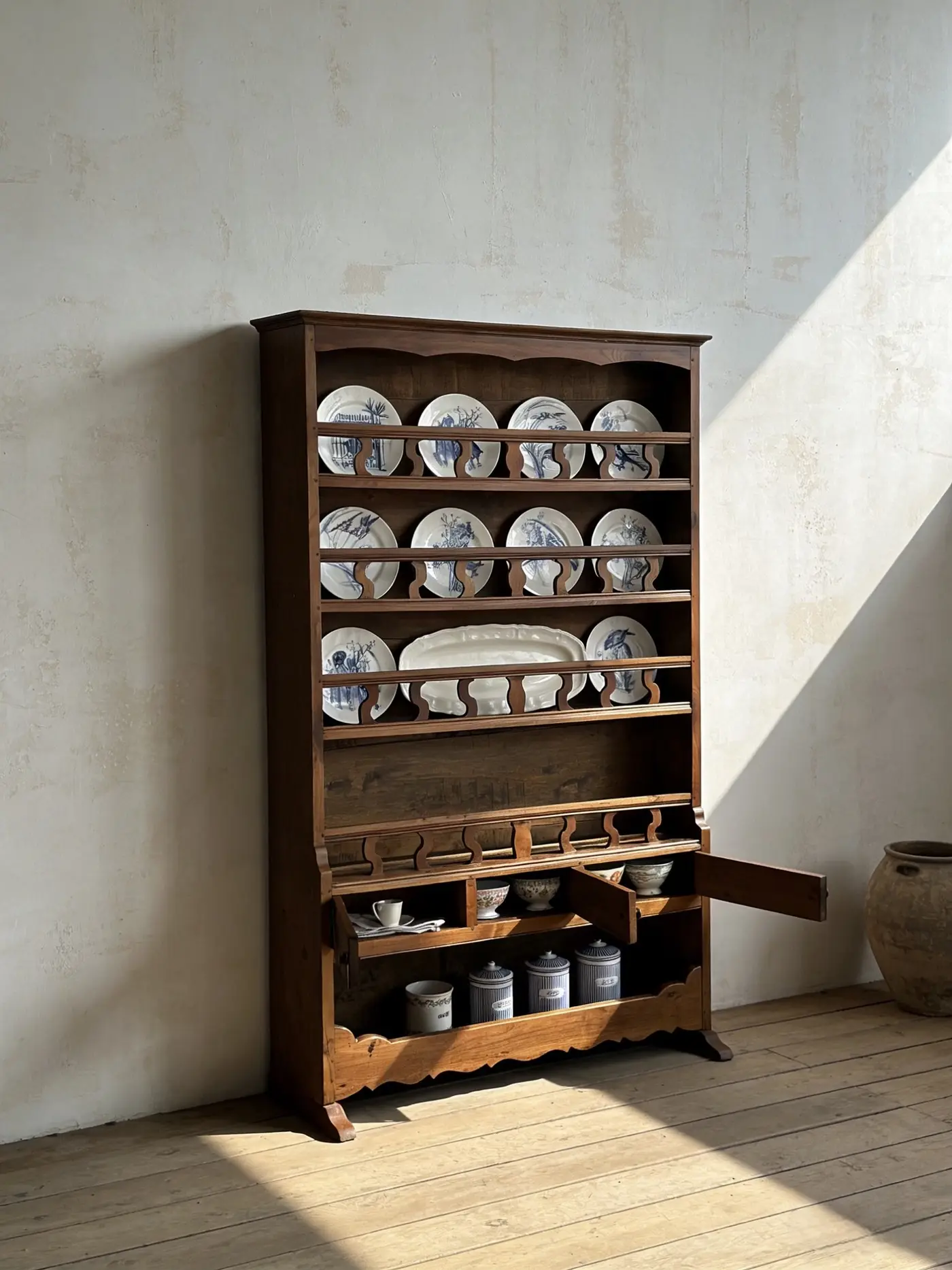 19th-Century French Country Cherry Wood Standing Plate Rack