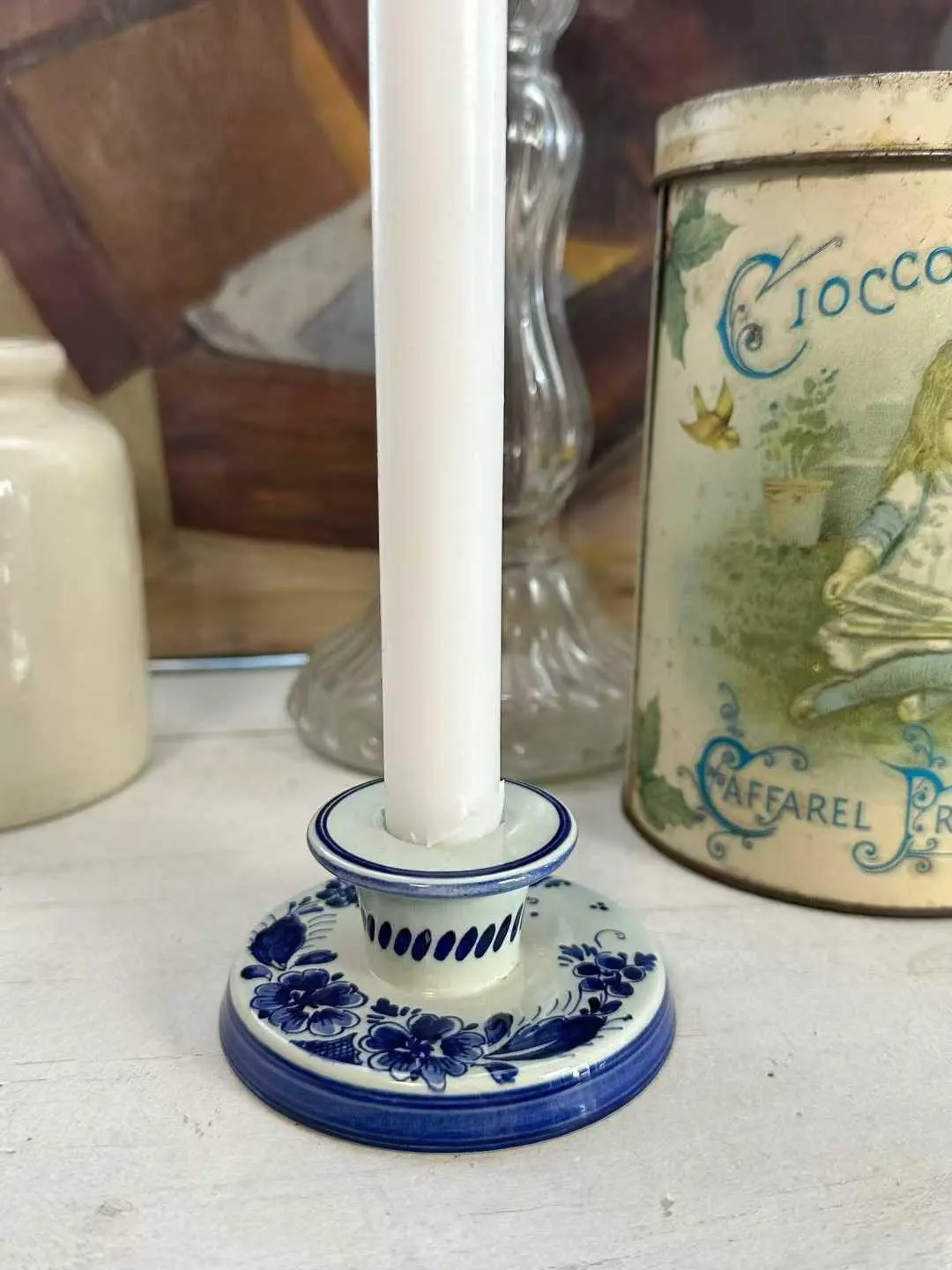 Royal Delft Vintage Hand-Painted Ceramic Candlestick, Netherlands, 1950–1970s