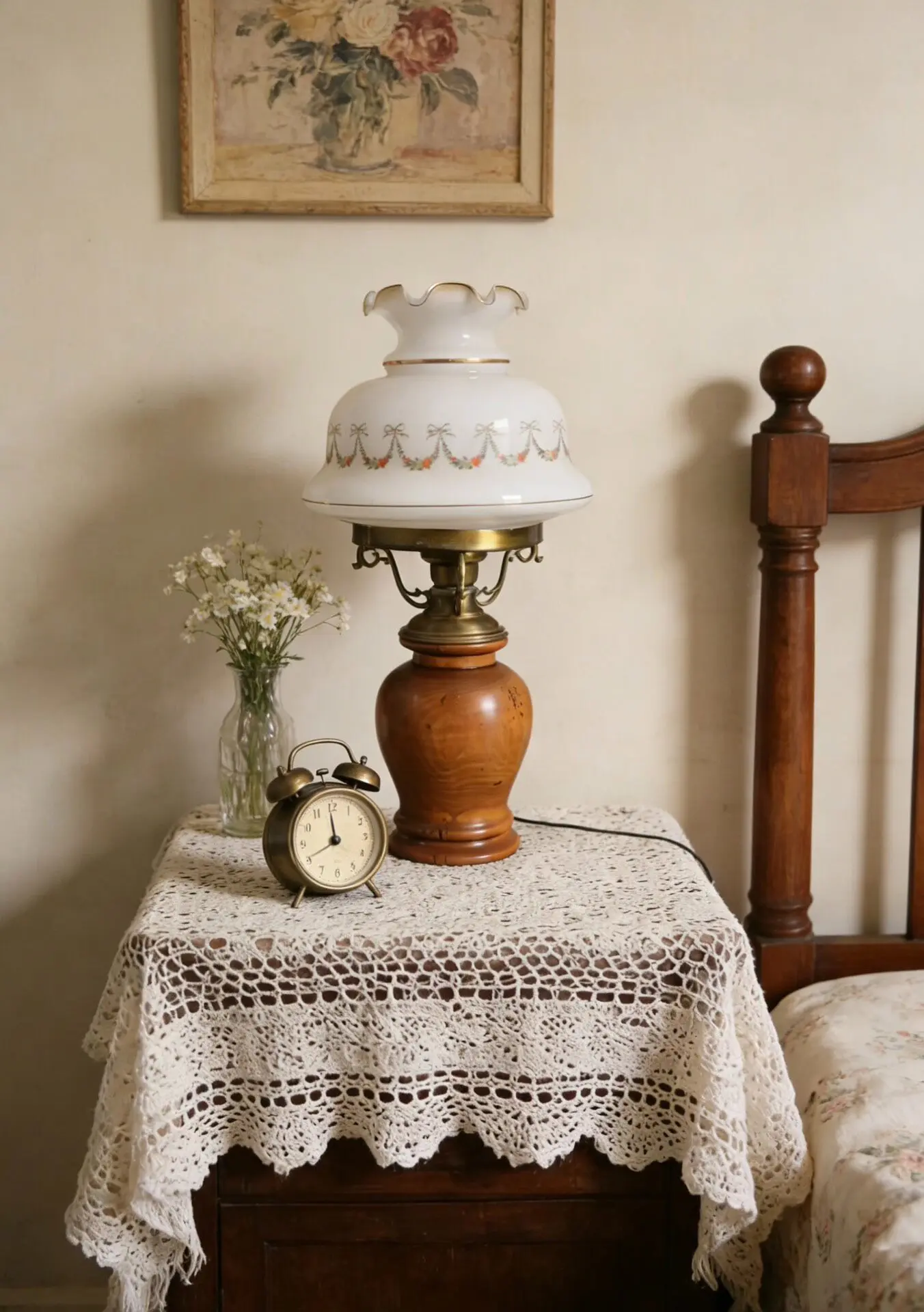 French Vintage Milk-Glass Table Lamp with Bow Decoration