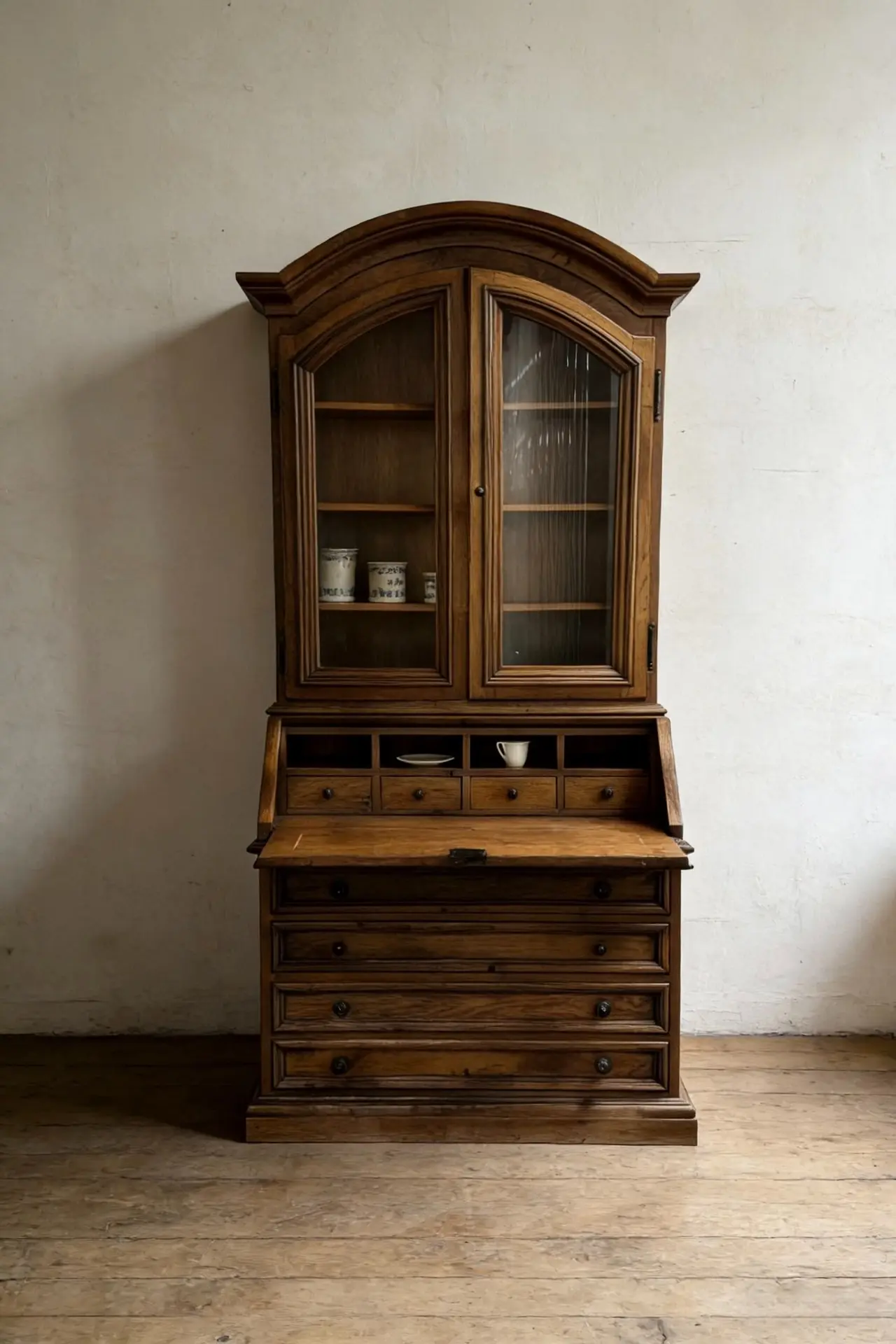 French Vintage Secretary Desk with Glass Display Hutch