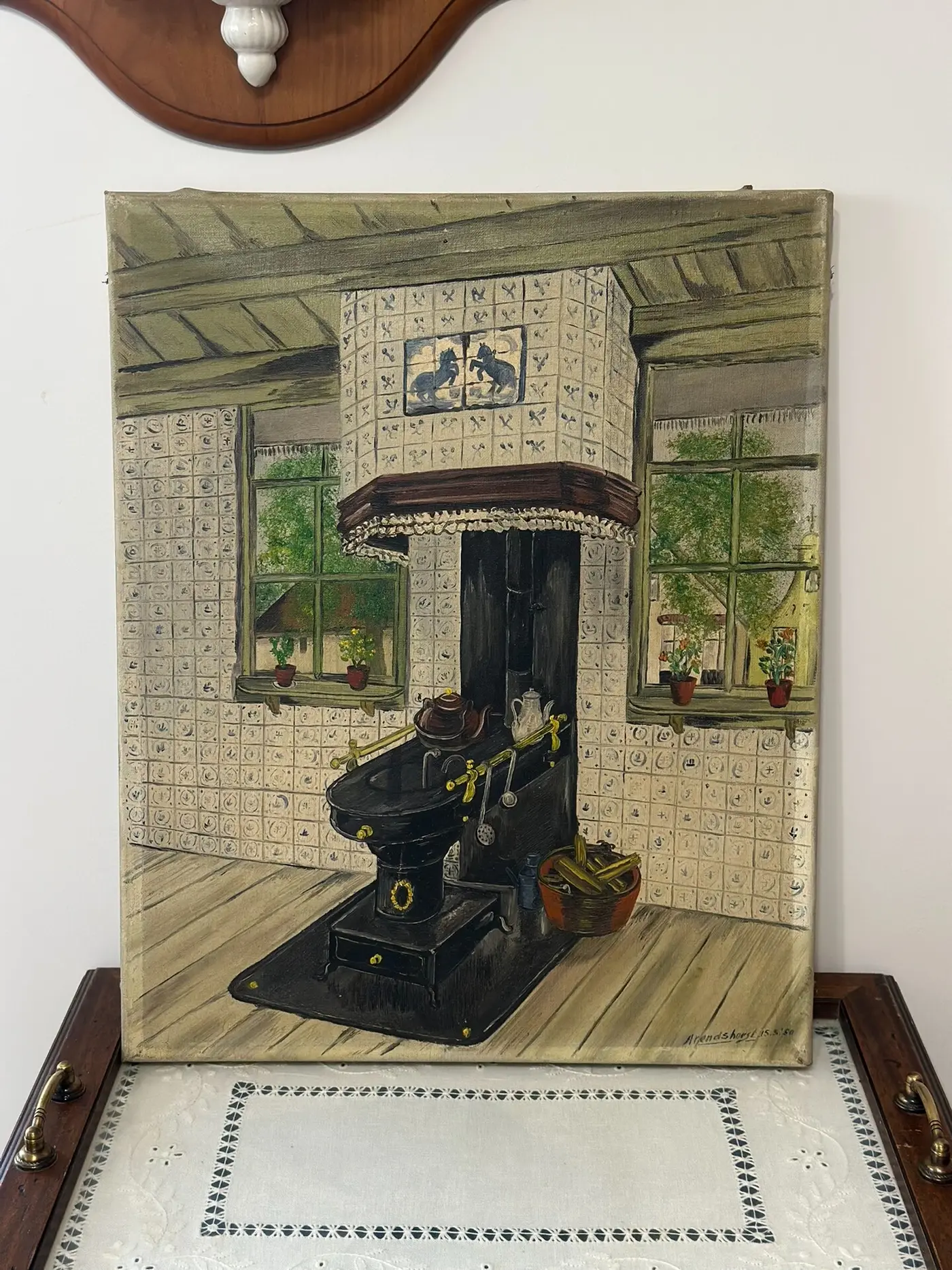 French 1958 Vintage Oil Painting — Interior with Country Tiled Stove