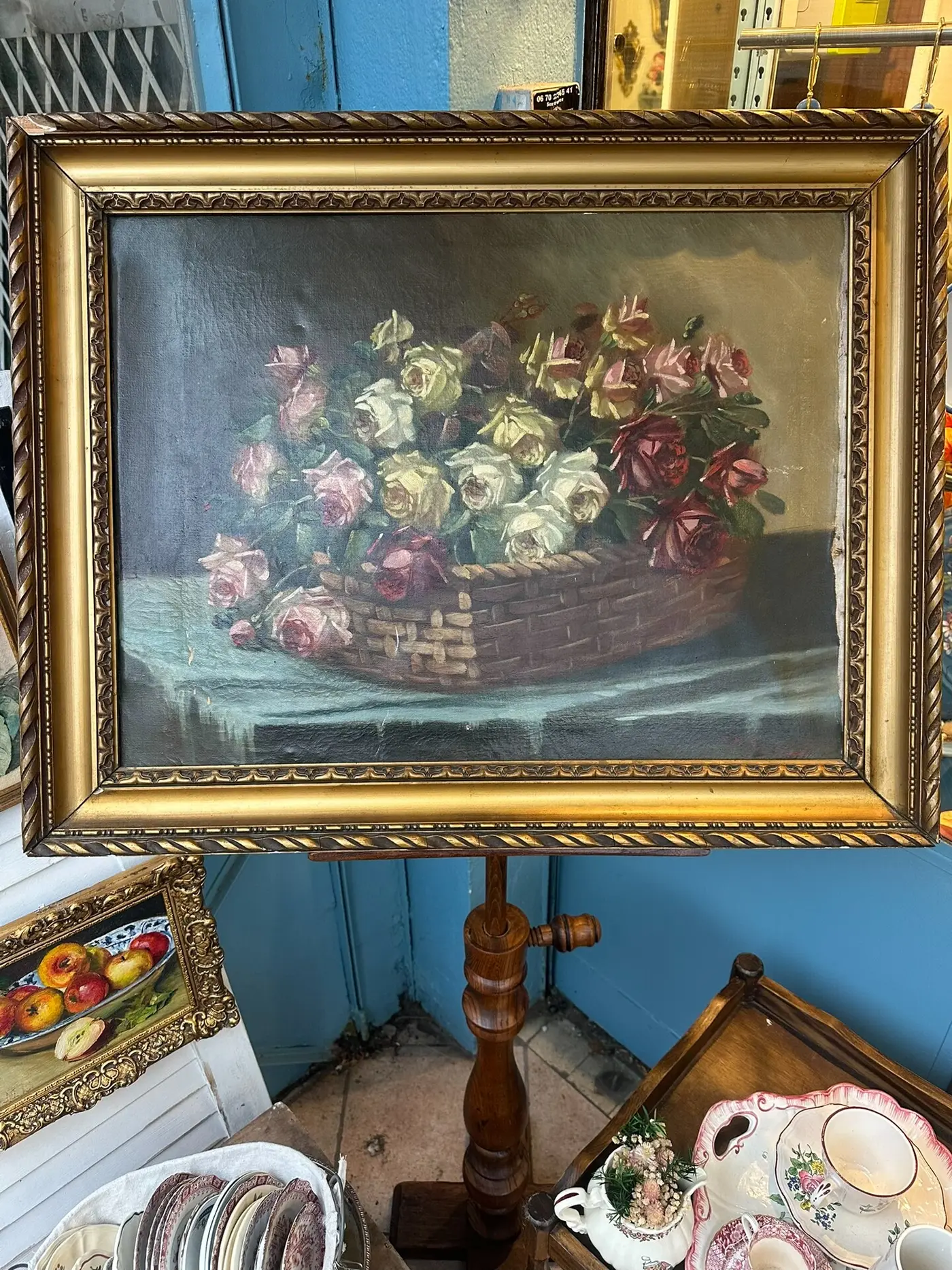 Early 20th-Century French Still Life Oil Painting — Roses in a Basket
