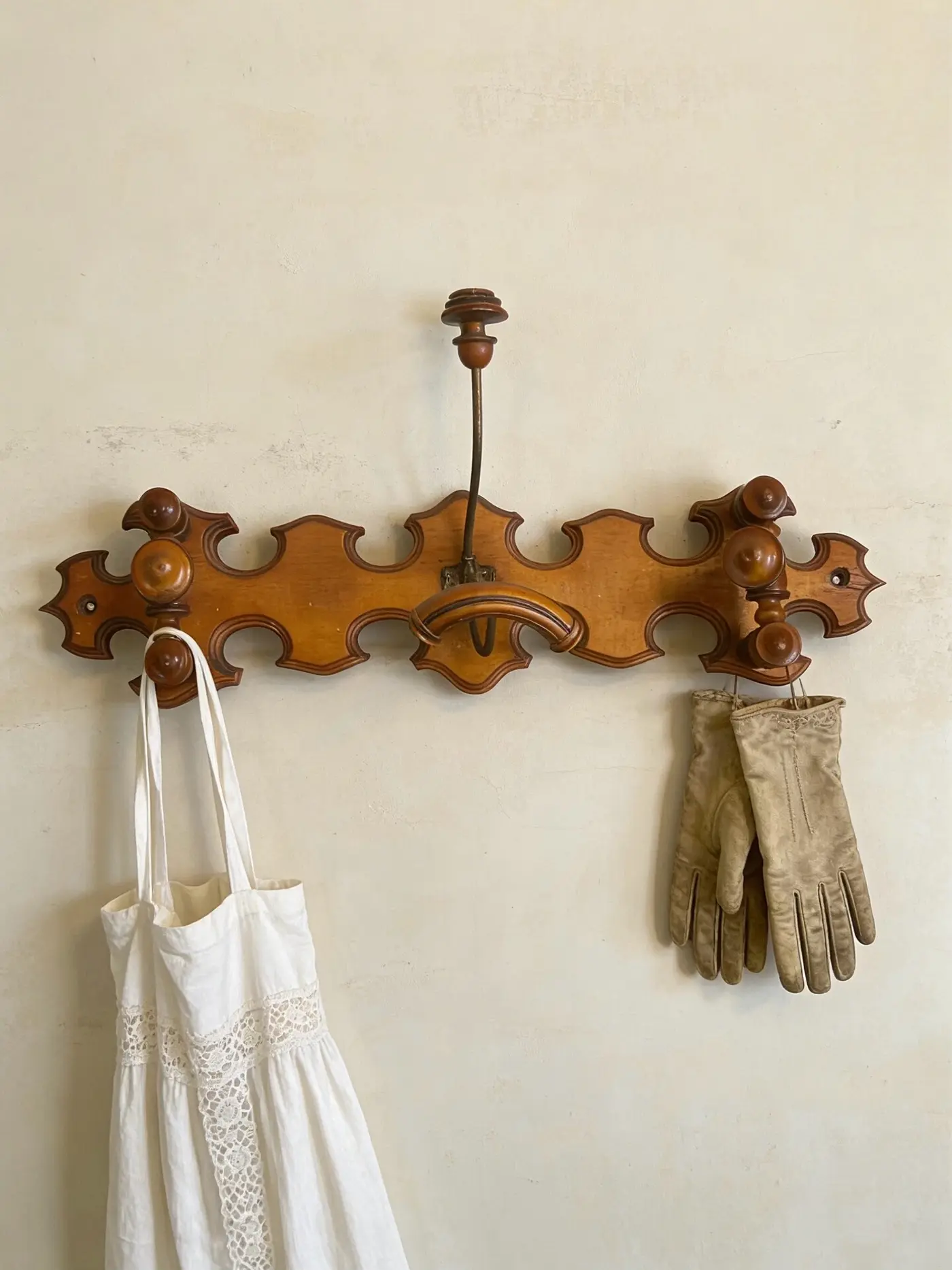 Vintage French Wooden Clothes Hanger with Swiveling Side Hooks