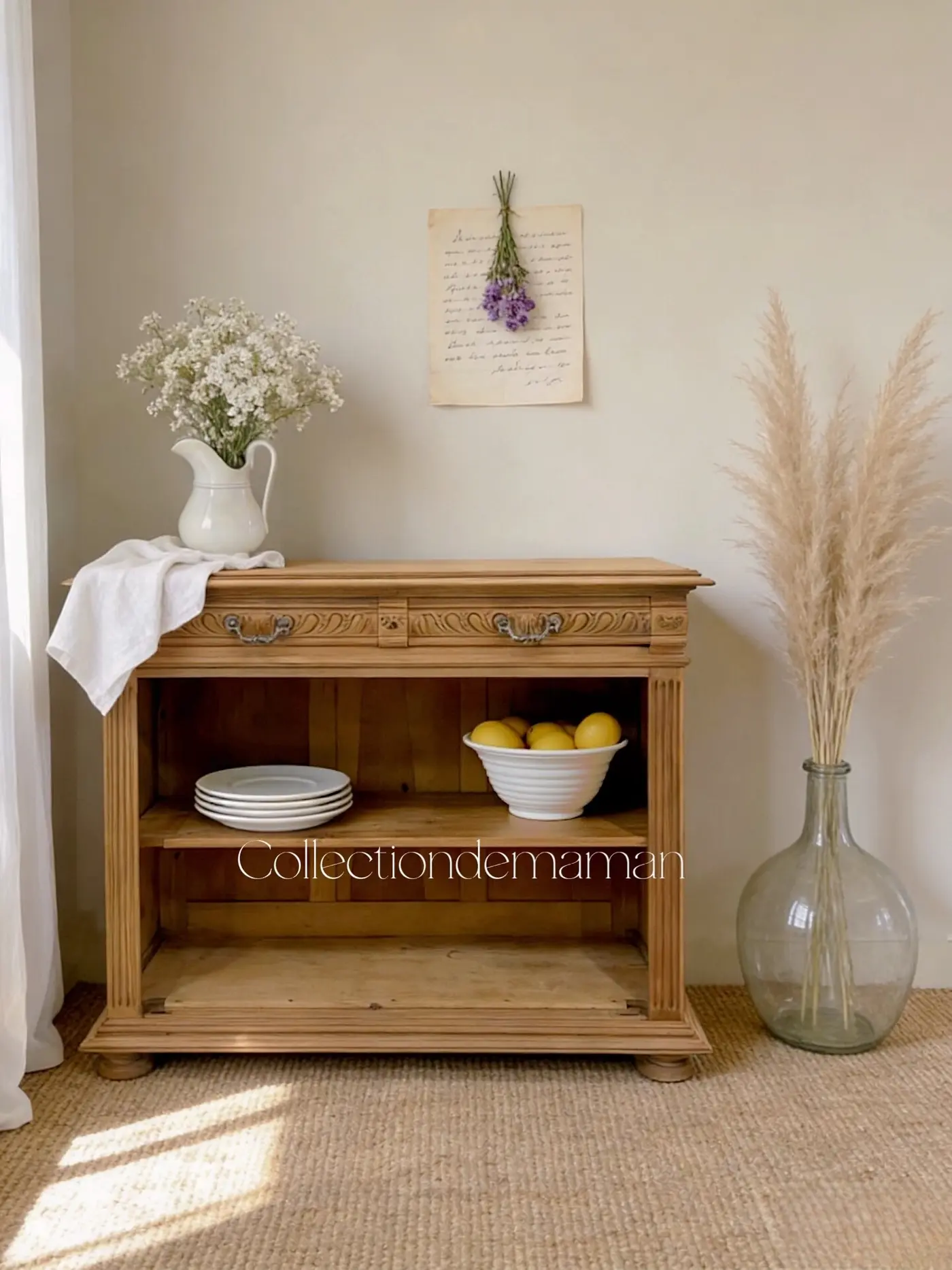 French Antique Carved Sideboard — Paint-Stripped, 125 × 48 × 95 cm