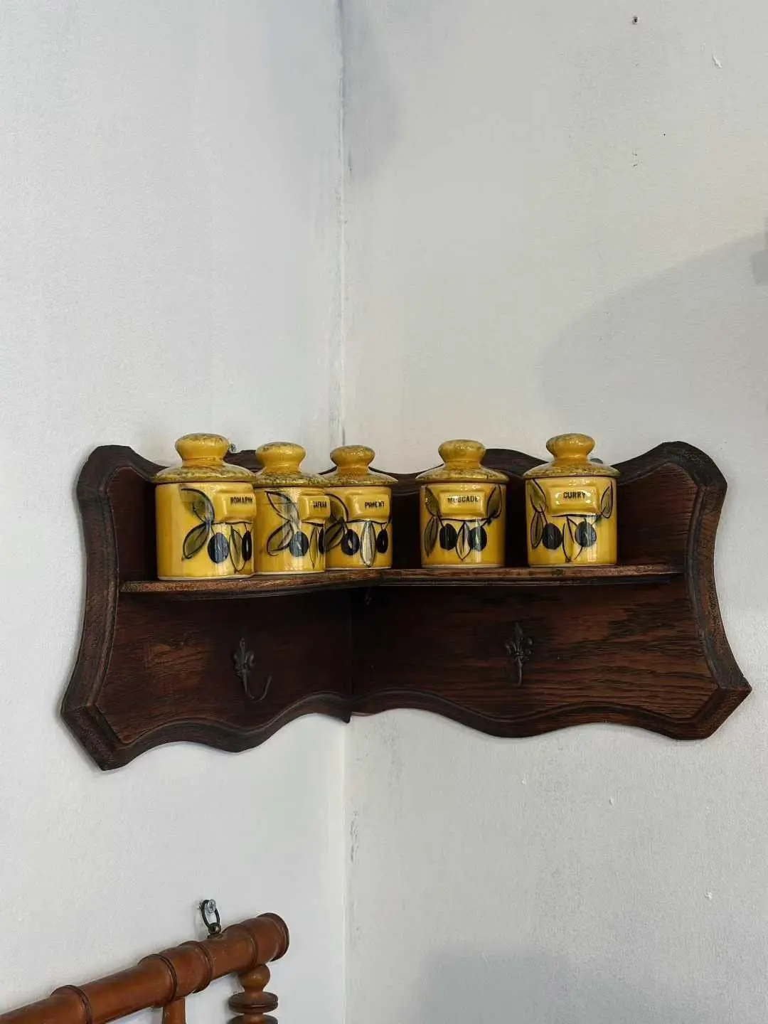 French Vintage Wooden Triangle Wall Shelf with Ceramic Jar