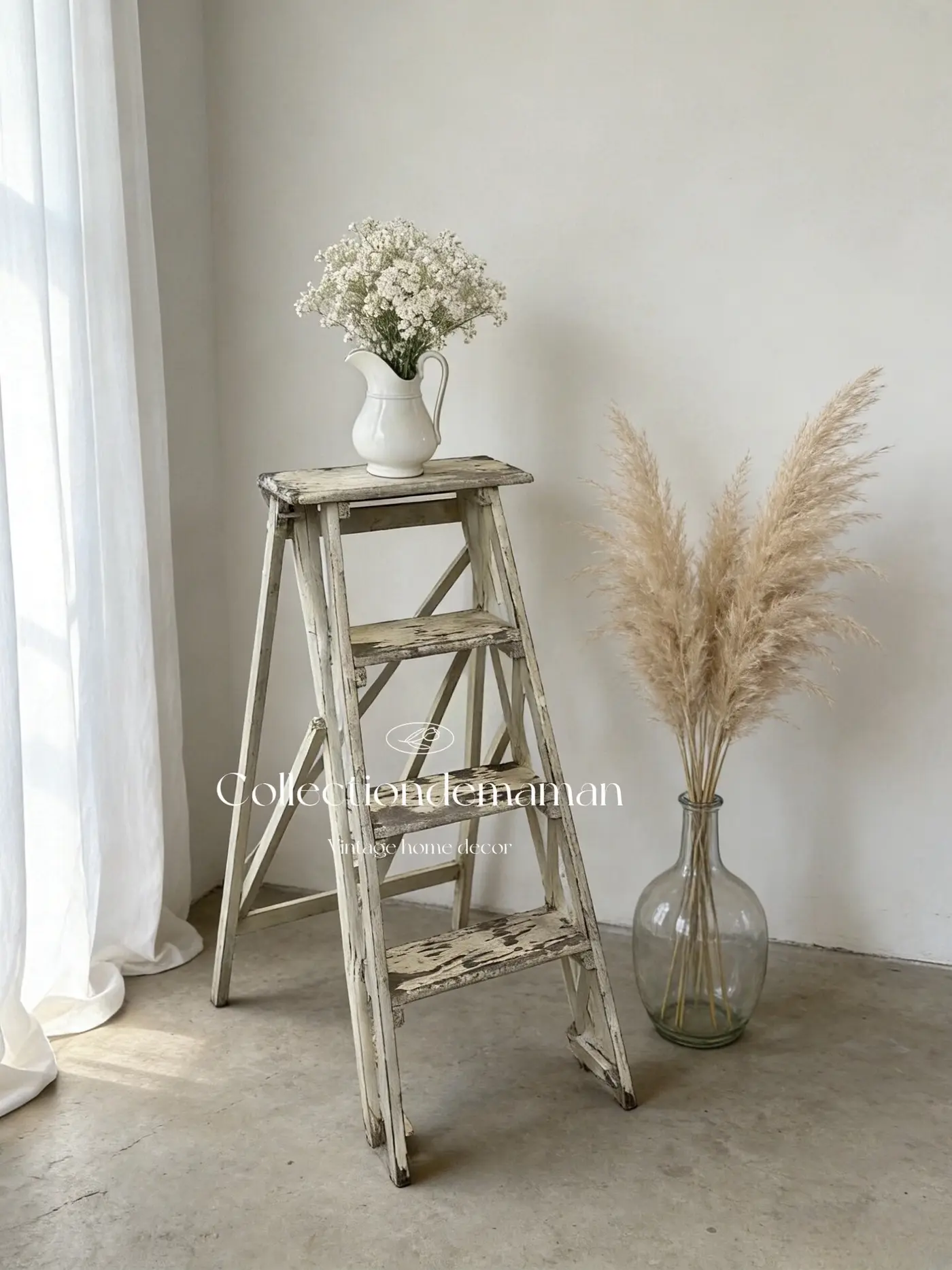 French Country Cream Painted Vintage Ladder with Distressed Paint