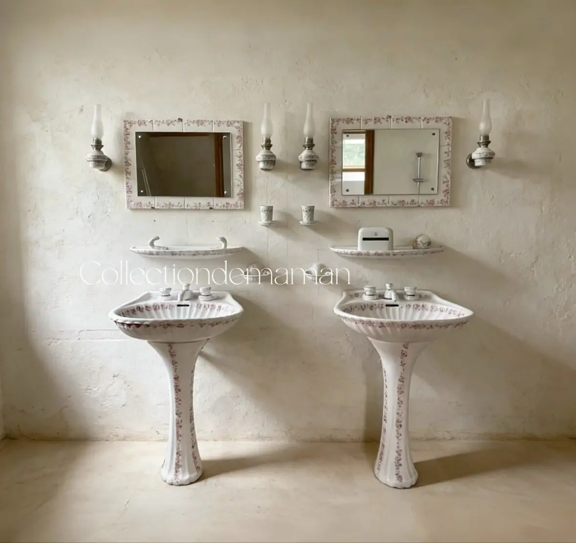 French Vintage Pink Floral Double Pedestal Washbasin Set