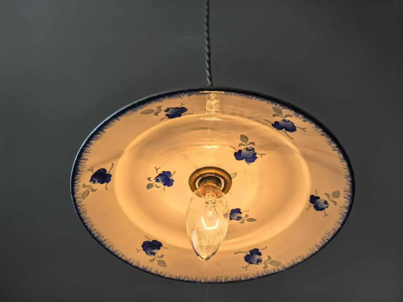French Vintage Blue Floral Plate Converted Pendant Light, 22.3 cm