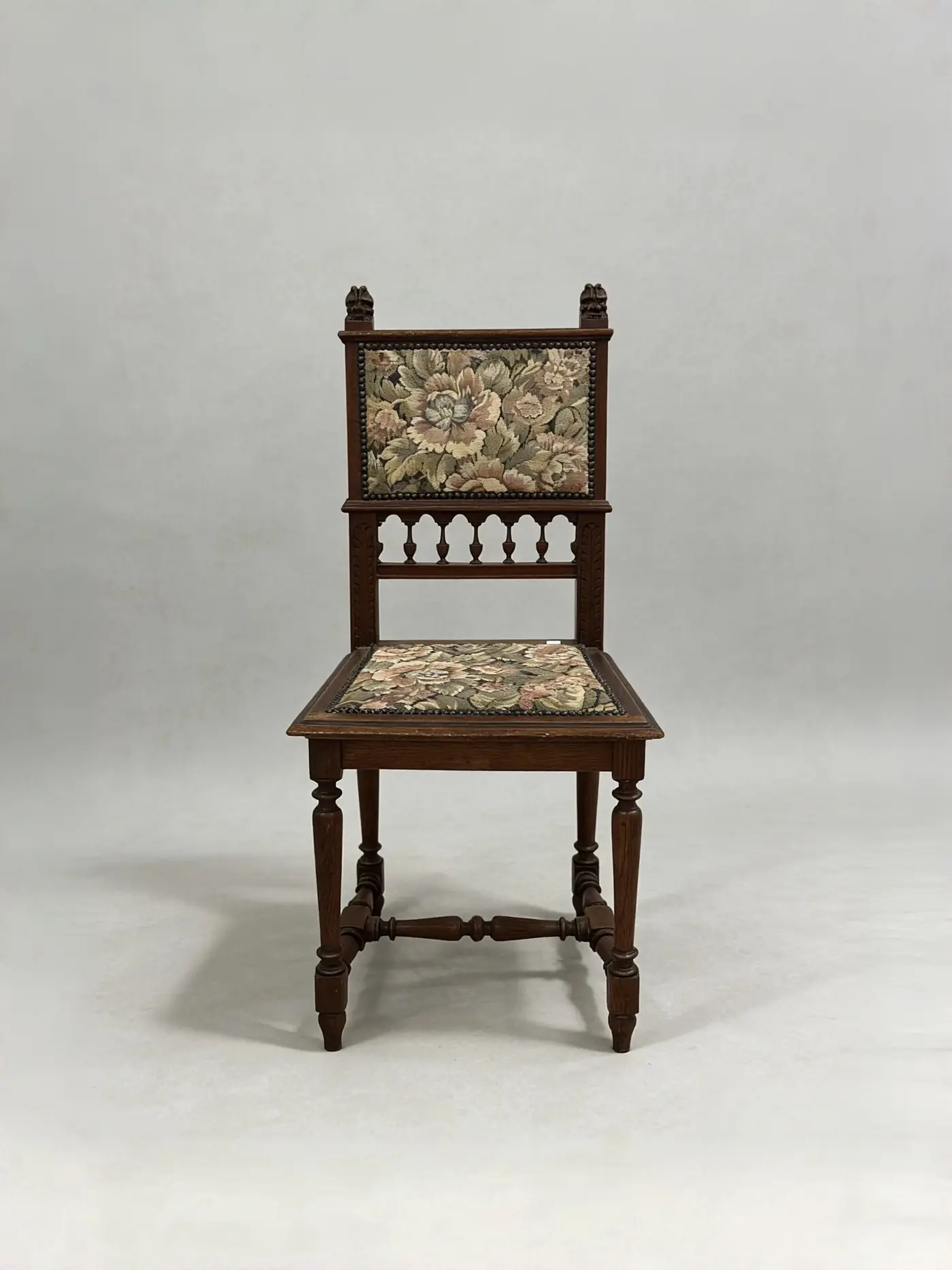 French Carved Upholstered Antique Chair, Solid Walnut with Guardian Beast Carving