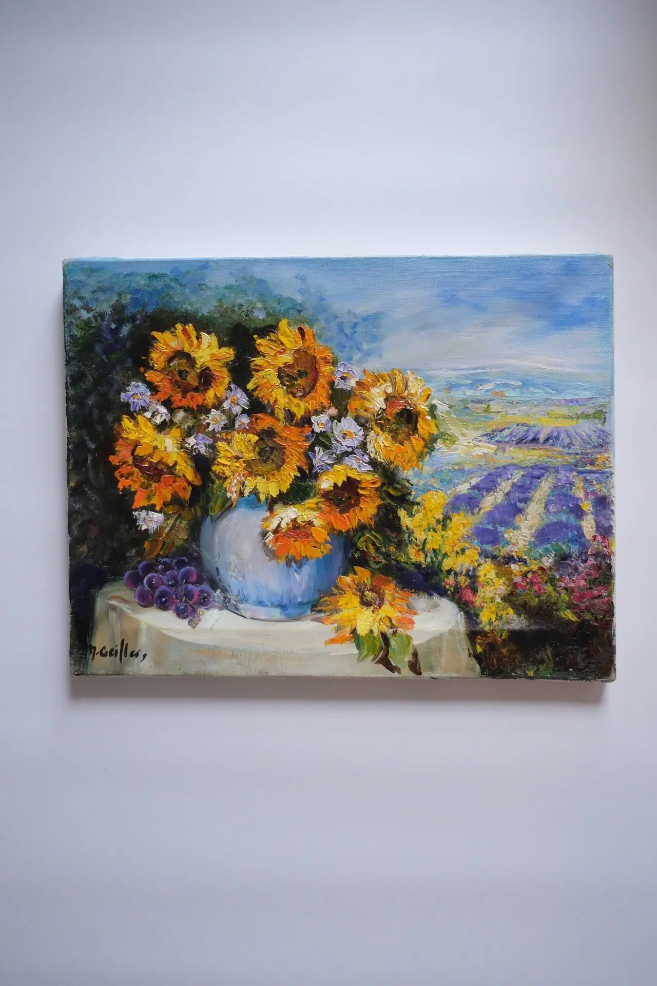 French Vintage Oil Painting — Sunflowers and Provence Lavender, Signed