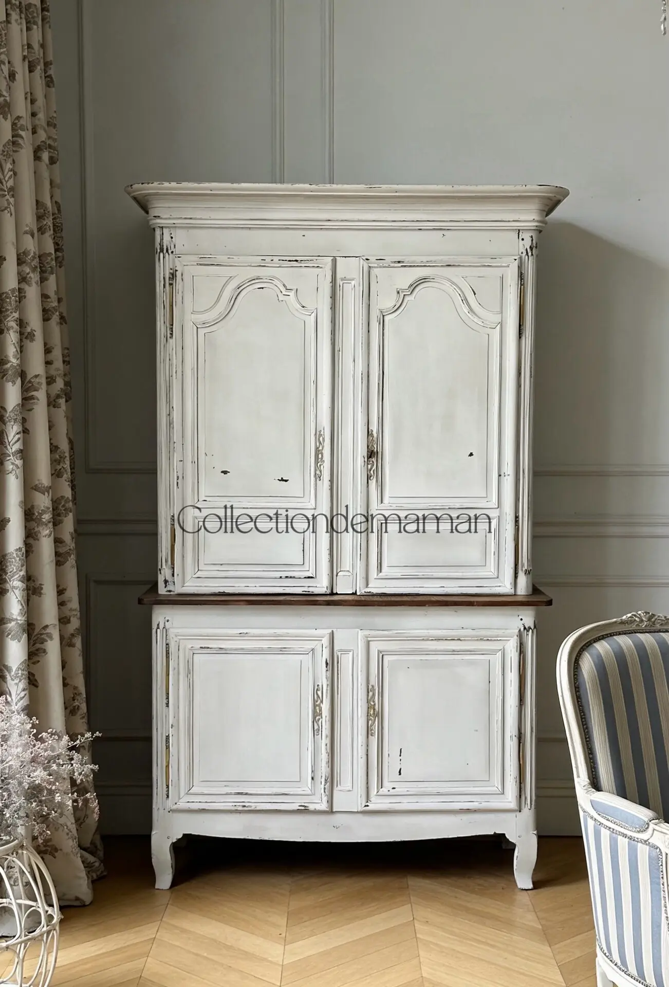 French Antique Sideboard — Two-Piece Storage Cabinet