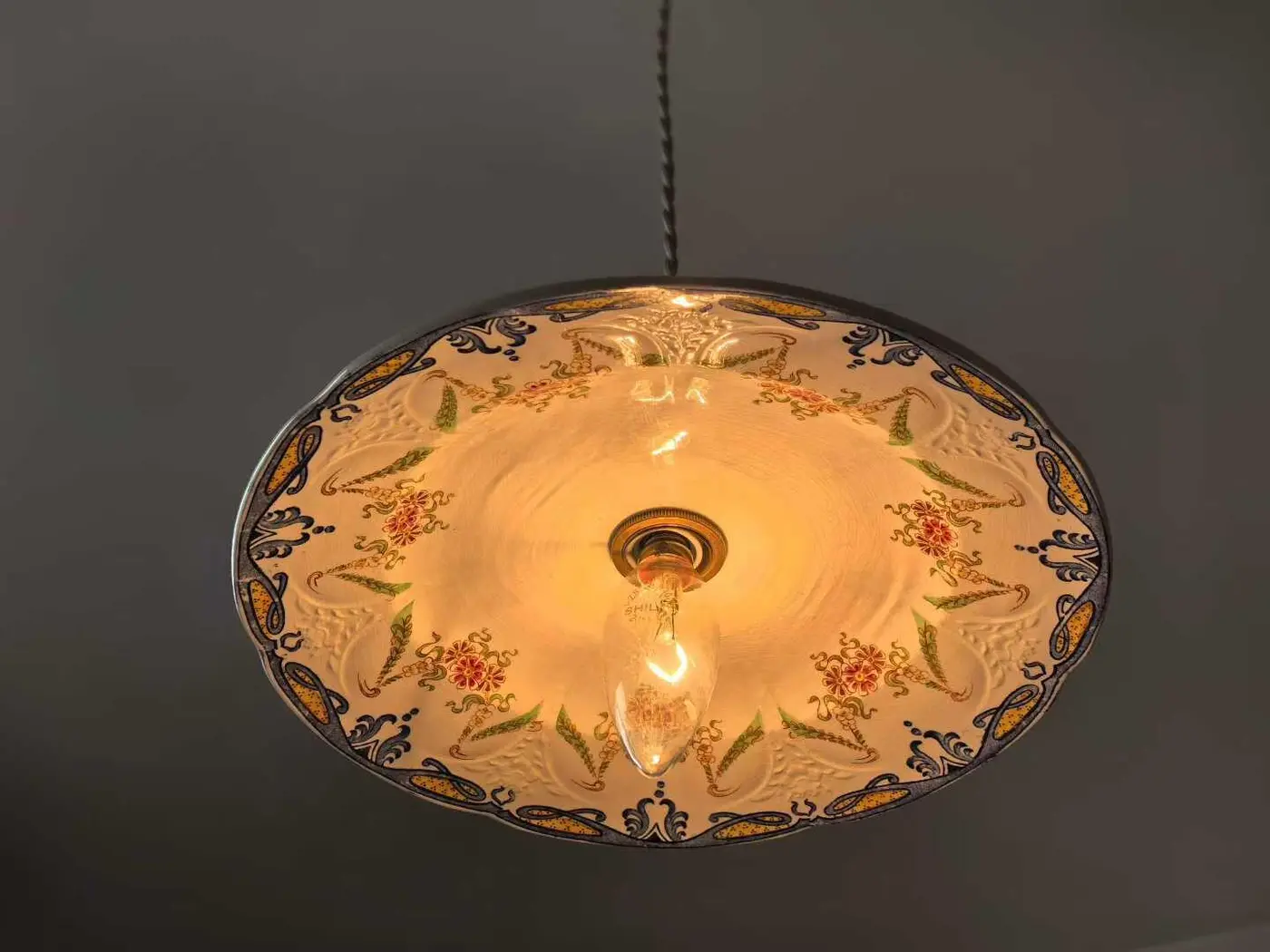 French Vintage Art Nouveau Relief Plate Converted Pendant Lamp, Diameter 25.5 cm