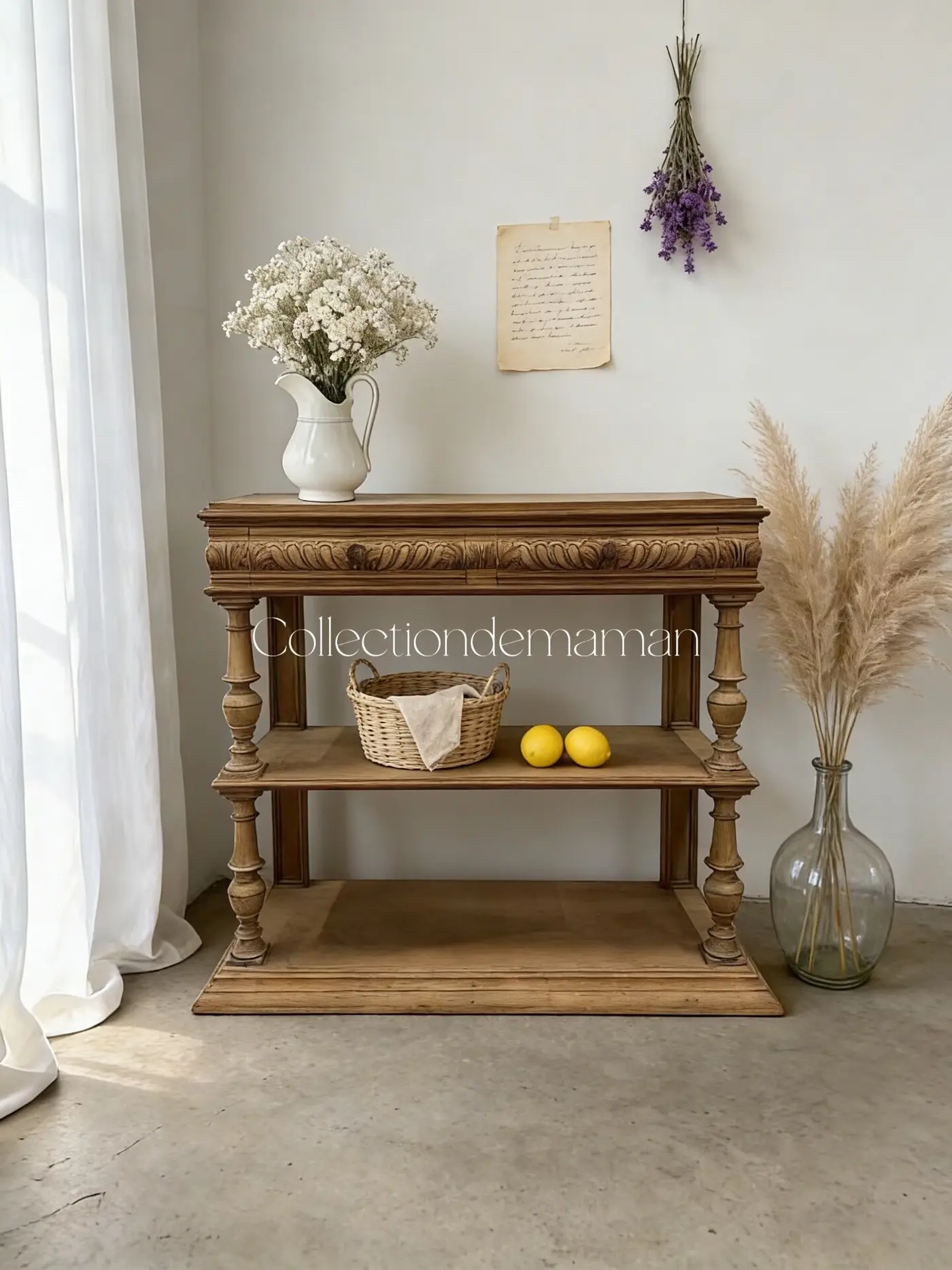 French Vintage Unvarnished Pine Console Table