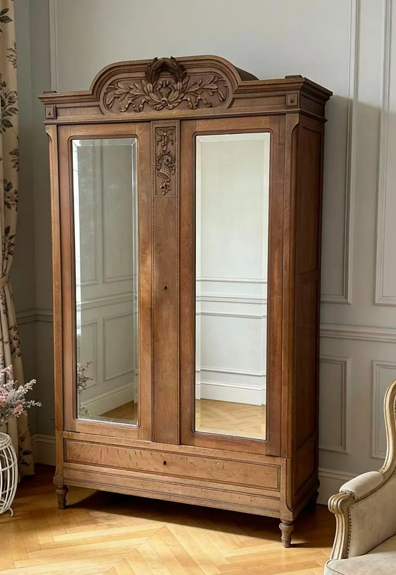 French Vintage Carved Oak Cabinet