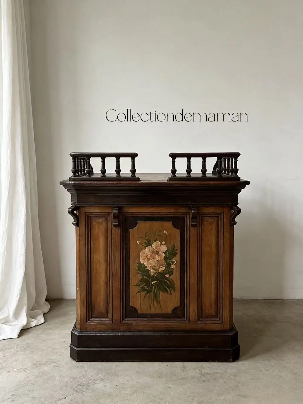 Antique Commercial Counter with Hand-Painted Floral Decoration on Three Sides