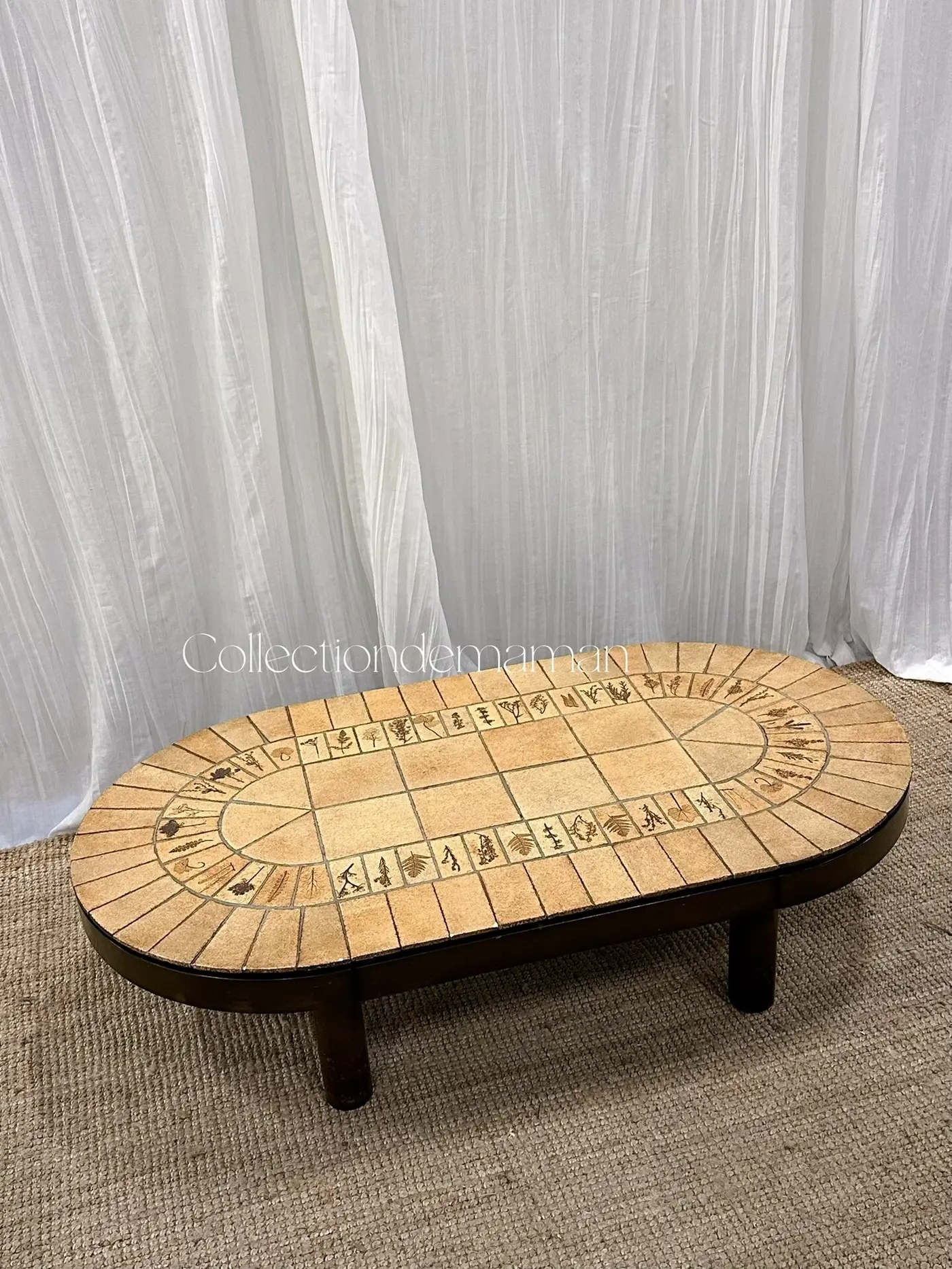 French Vintage Roger Capron Long Oval Leaf-Imprint Ceramic Coffee Table
