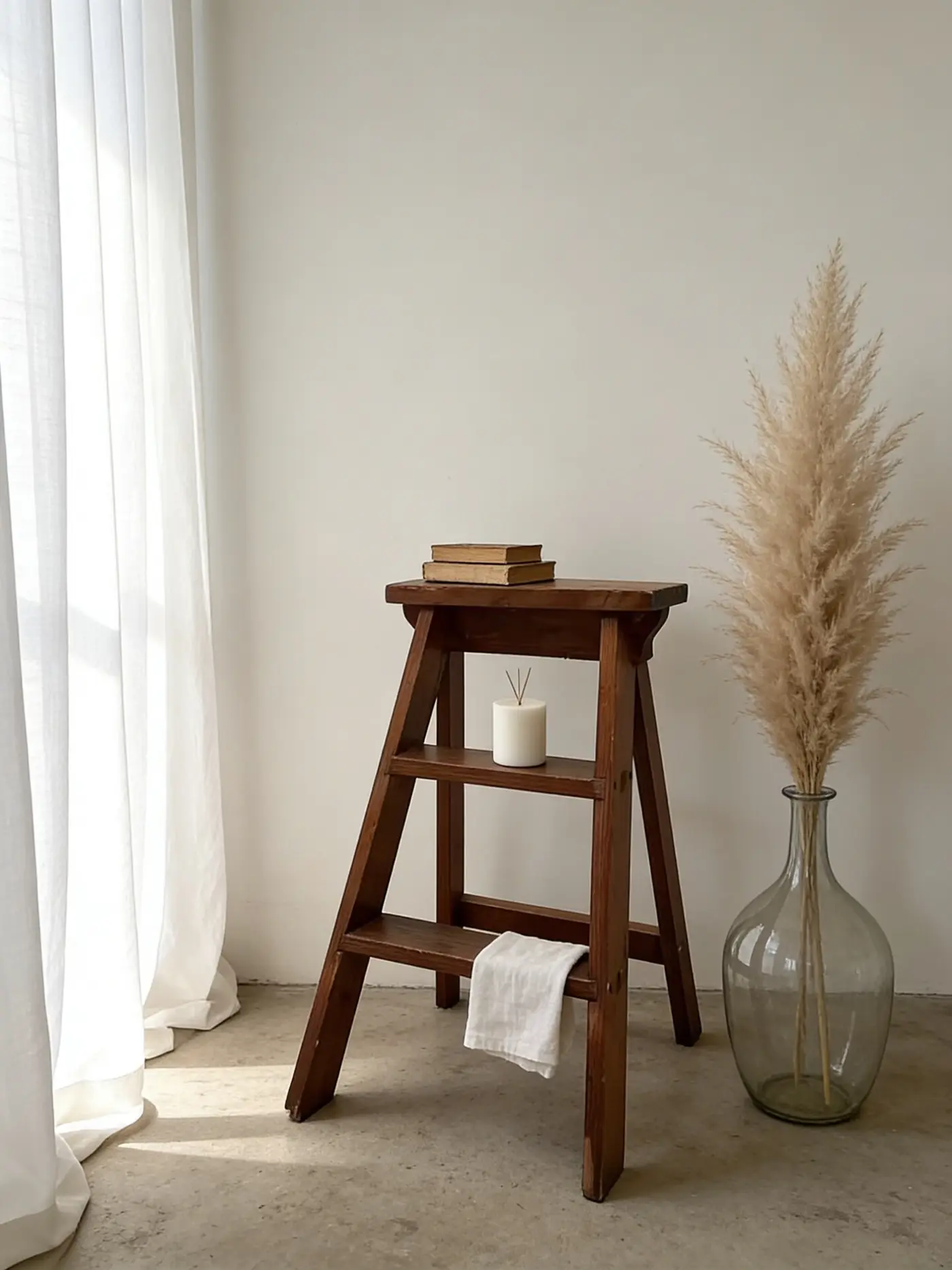 Vintage French Country Pine Three-Step Folding Step Ladder