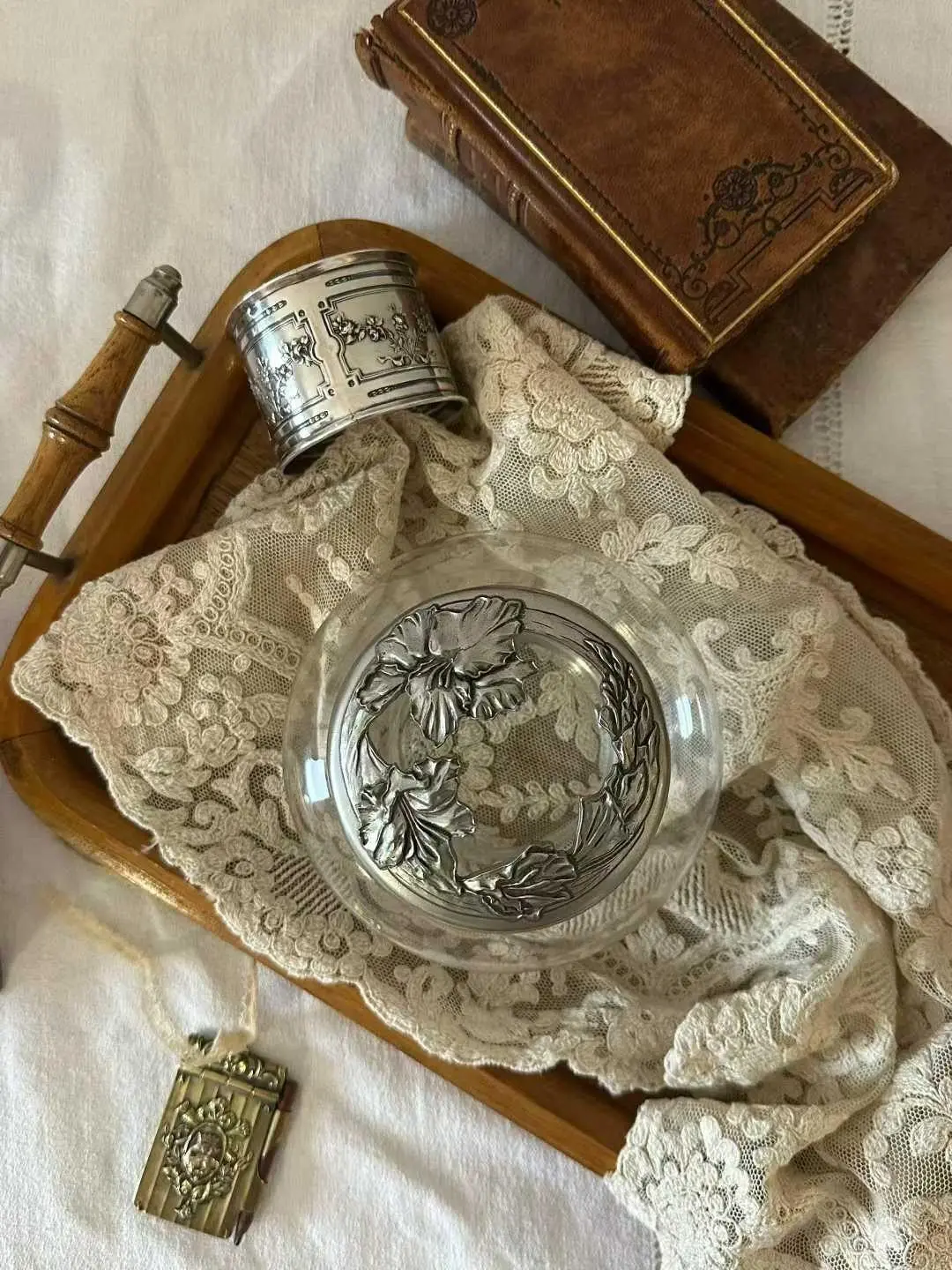 1990 Vintage Glass Candlestick with Tin Lid and Floral Relief