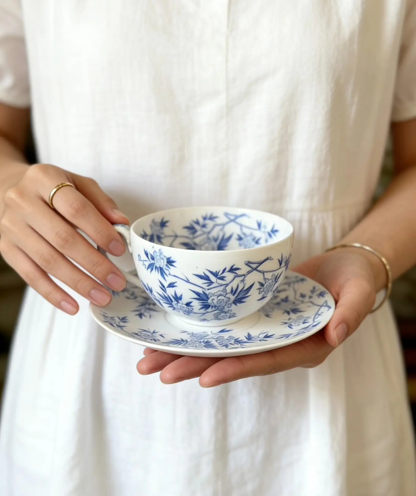 Vintage Sarreguemines Half-Hand-Painted Blue Bramble Floral Large Teacup, 380ml
