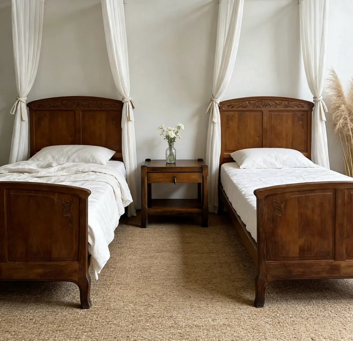 Pair of French Art Nouveau Solid Wood Single Bed Frames with Iris Relief (Headboard 137 cm)