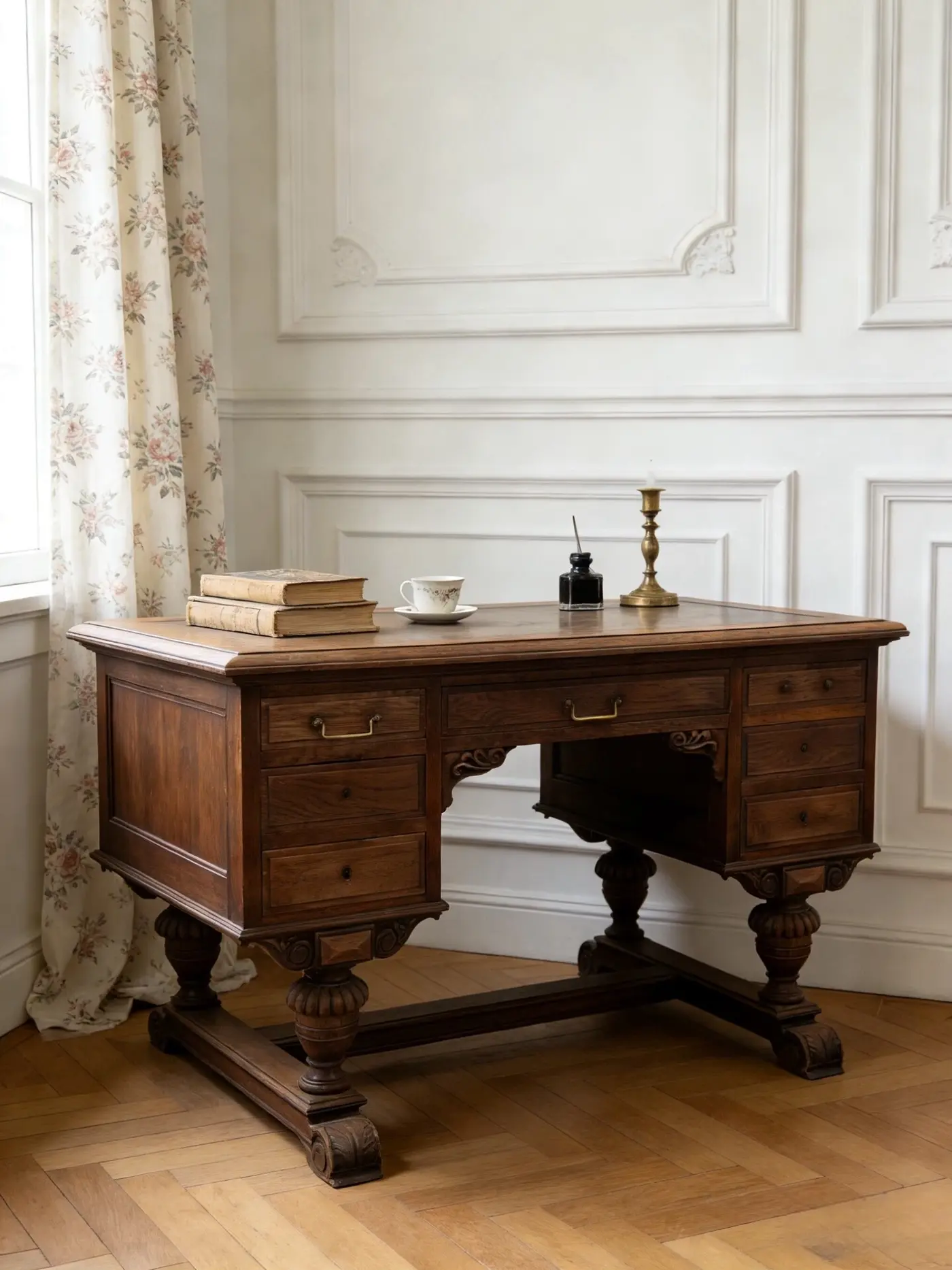 French Vintage Carved Oak Writing Desk