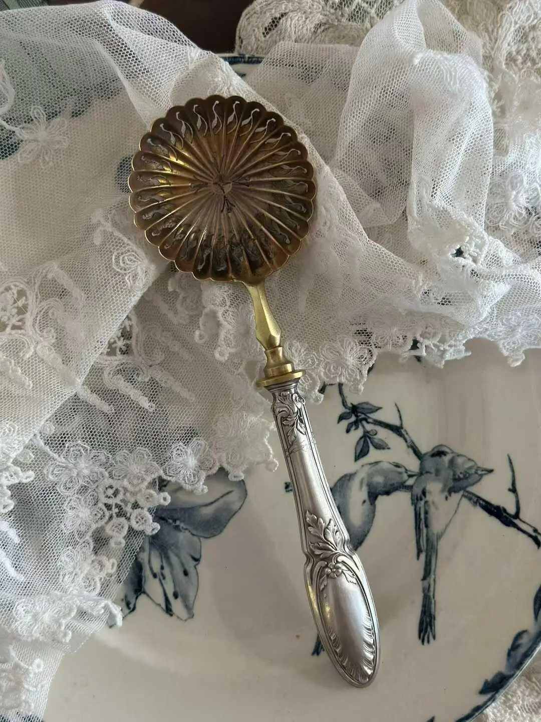 French Antique Powdered Sugar Spoon with Solid Silver Handle, 16.3 cm