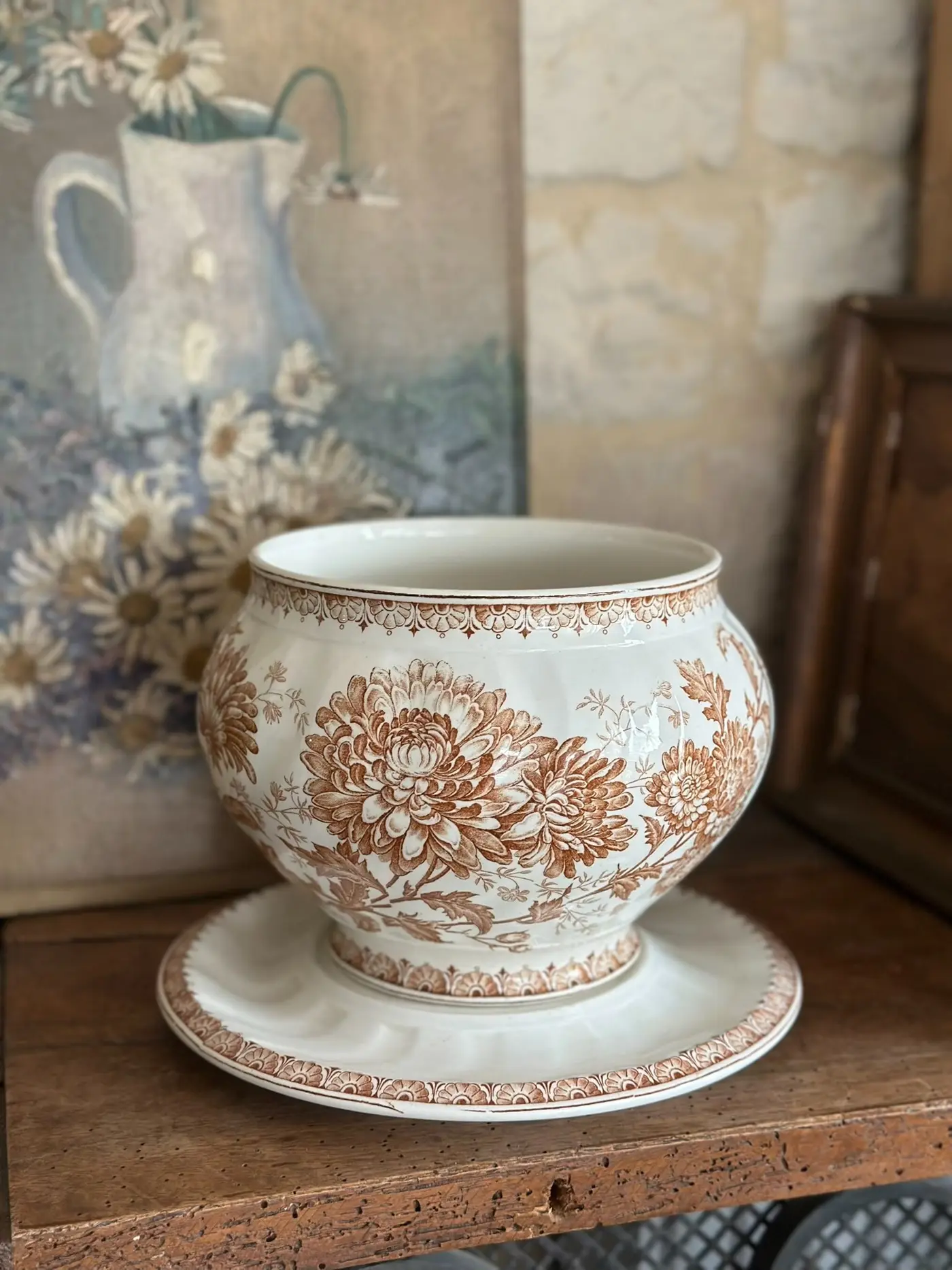 Petrus Regout Antique Floral Planter with Saucer — Dutch Royal Ceramics Factory