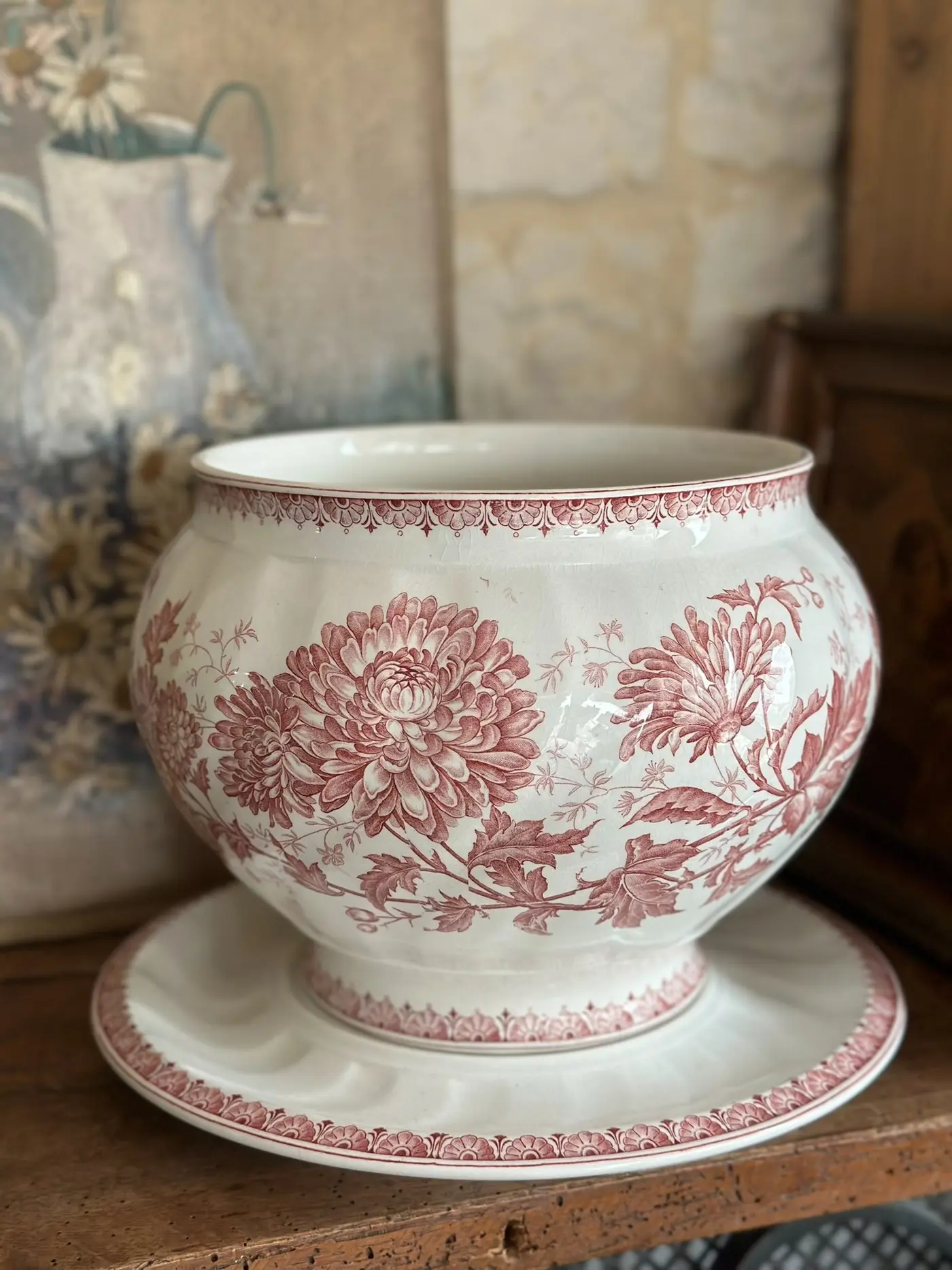 Dutch Petrus Regout Antique Floral Planter with Saucer