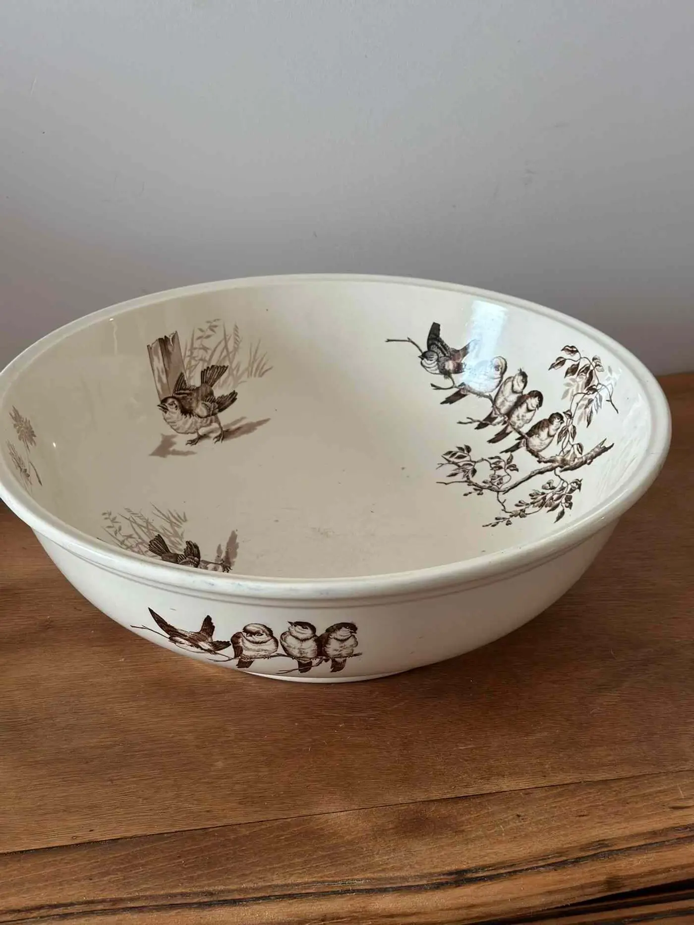 Dutch Antique Brown Bird Motif Wash Basin — Converted Countertop Basin