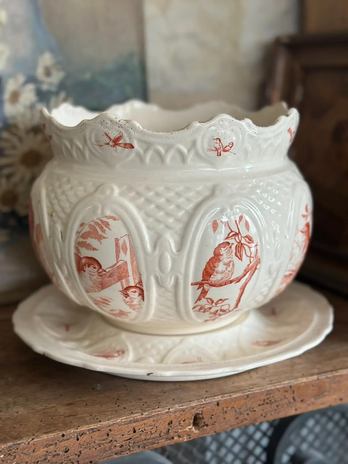 Antique Petrus Regout Bird Motif Planter — Dutch Royal Ceramics