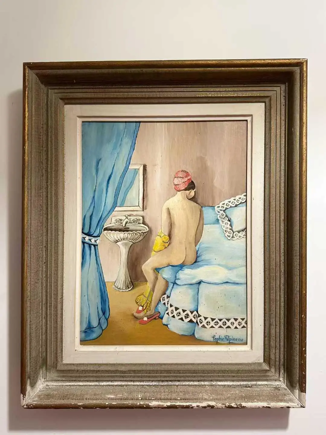French 1974 Interior Scene Oil on Wood Panel