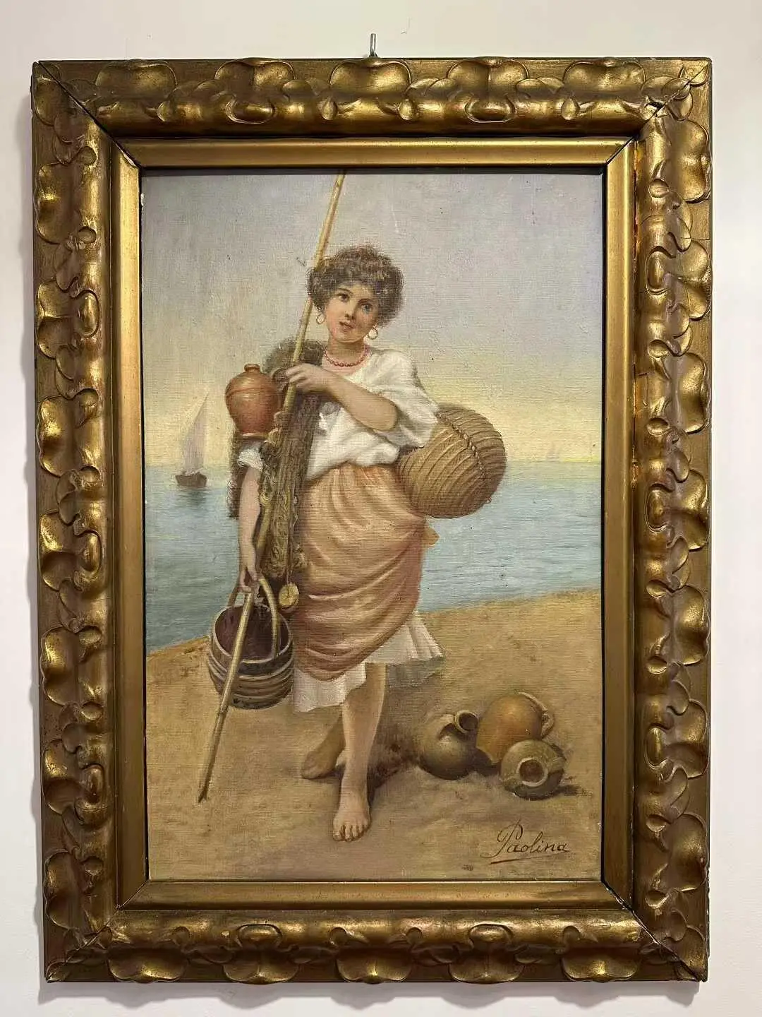 Antique French Oil Painting (circa 1900–1930) — Girl Collecting Shells