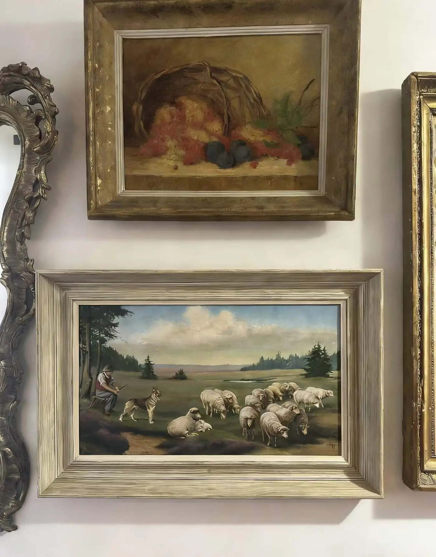 French Vintage Oil on Wood Panel, Signed — Shepherd and Flock