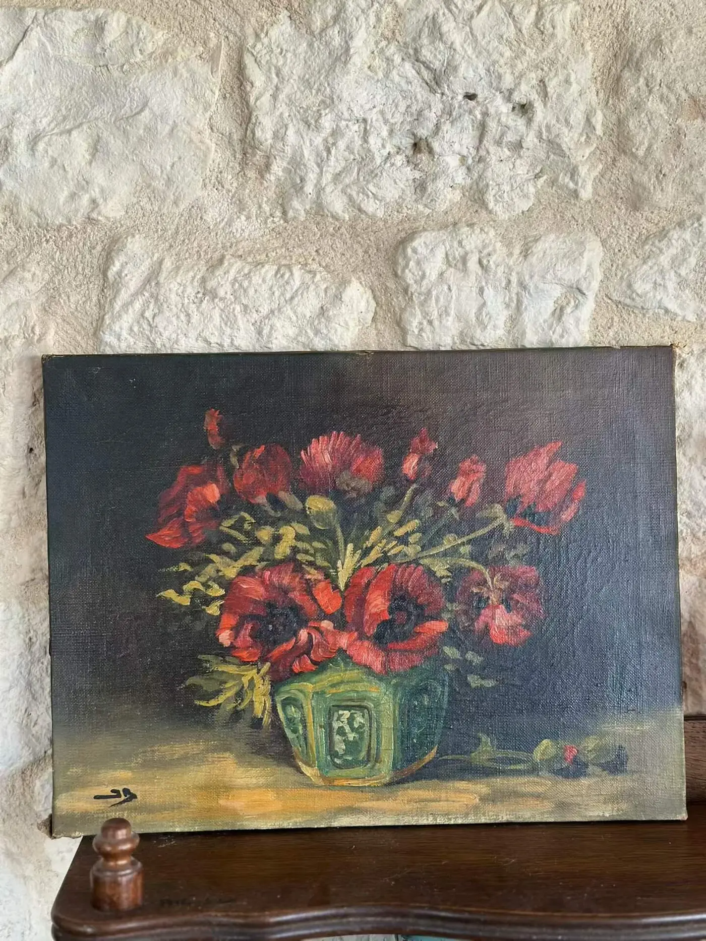French 1950s Vintage Still Life Oil Painting "Silver Lotus"
