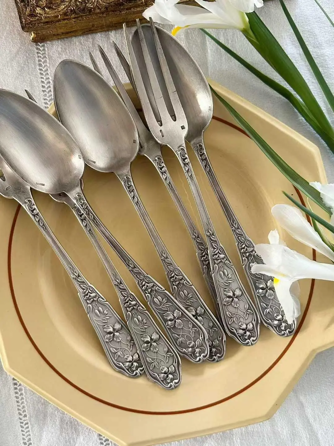 French Vintage Silver-Plated Spoon and Fork with Clematis Relief, 22 cm
