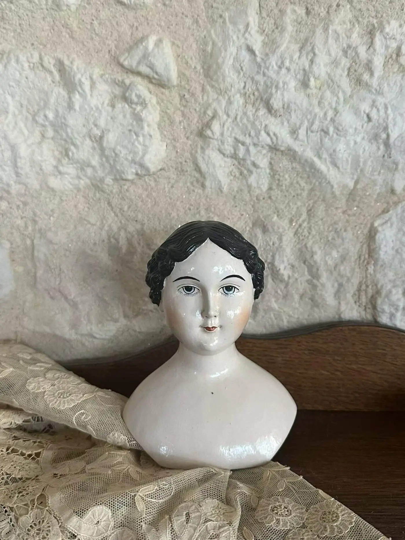 French Vintage Hand-Painted Resin Doll Bust, 13.5 cm