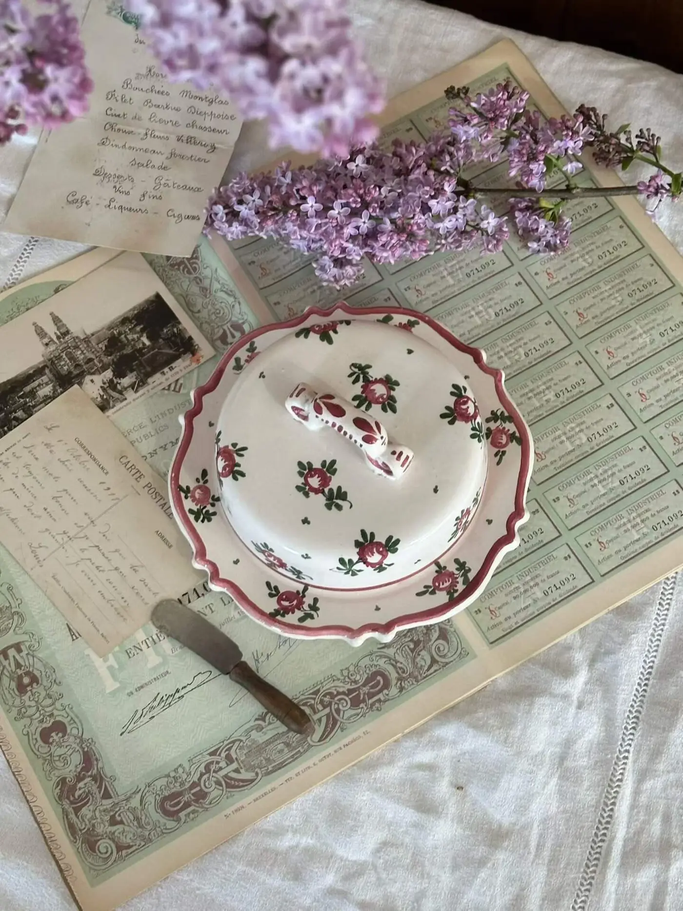 French Vintage Hand-Painted Rose Ceramic Butter Dish