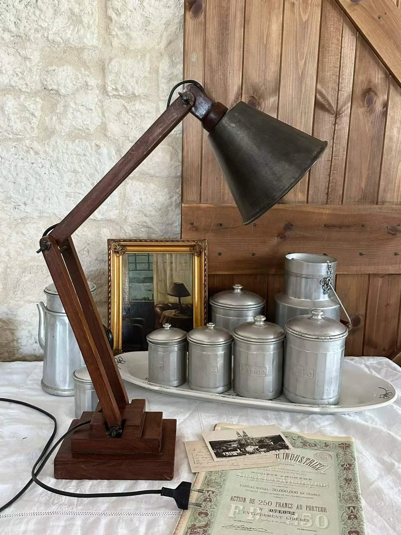 Vintage Industrial Table Lamp with Solid Wood Articulated Arm