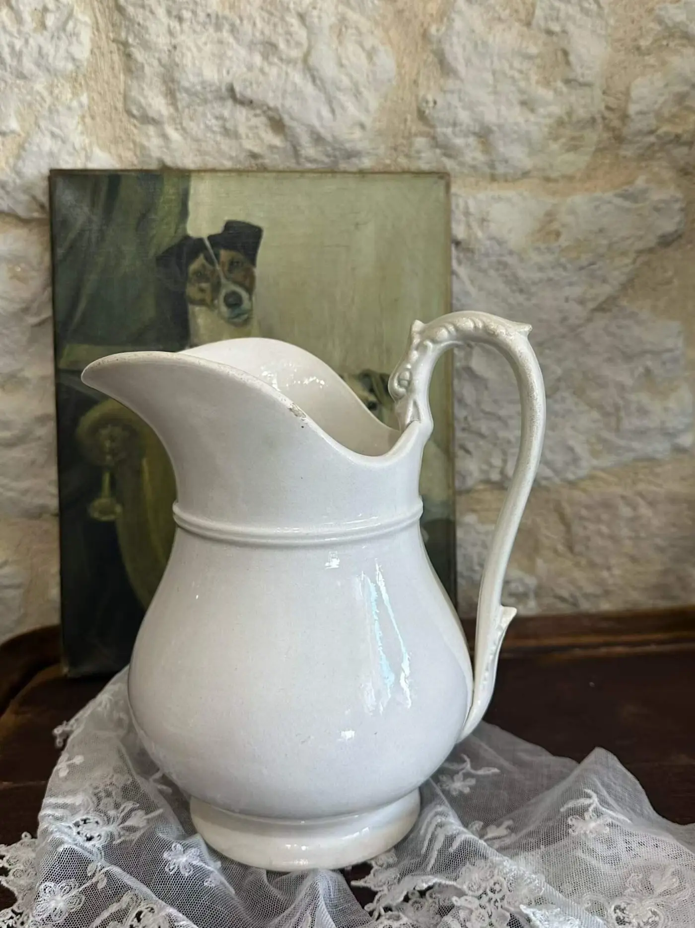 French Antique White Earthenware Jar with Dragon-Form Handle