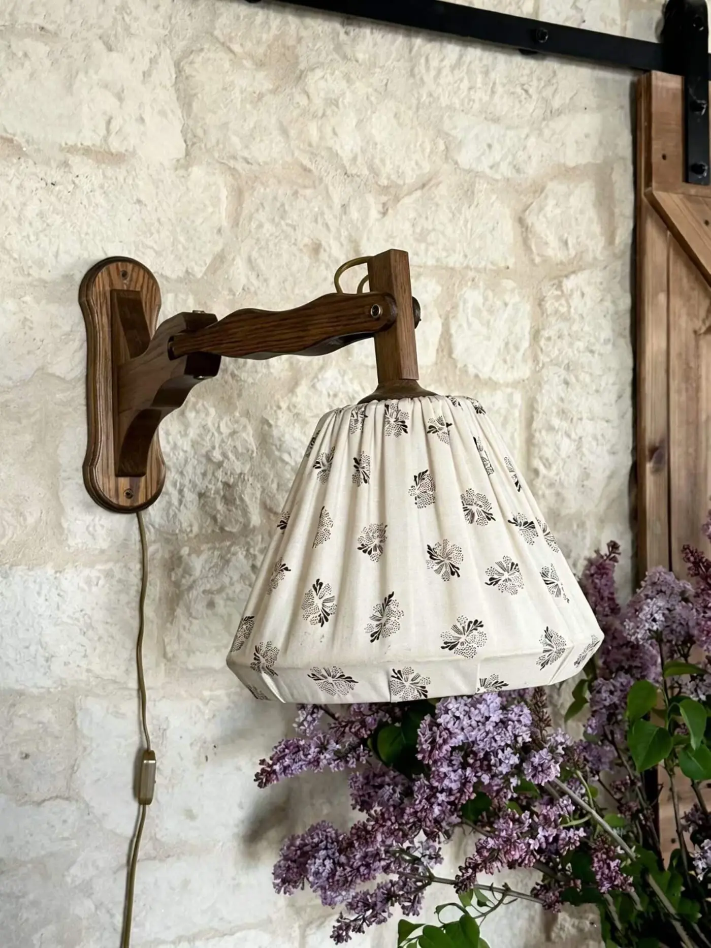 Dutch 1960s–1970s Adjustable Wooden Wall Lamp, Fabric Shade Ø30 cm