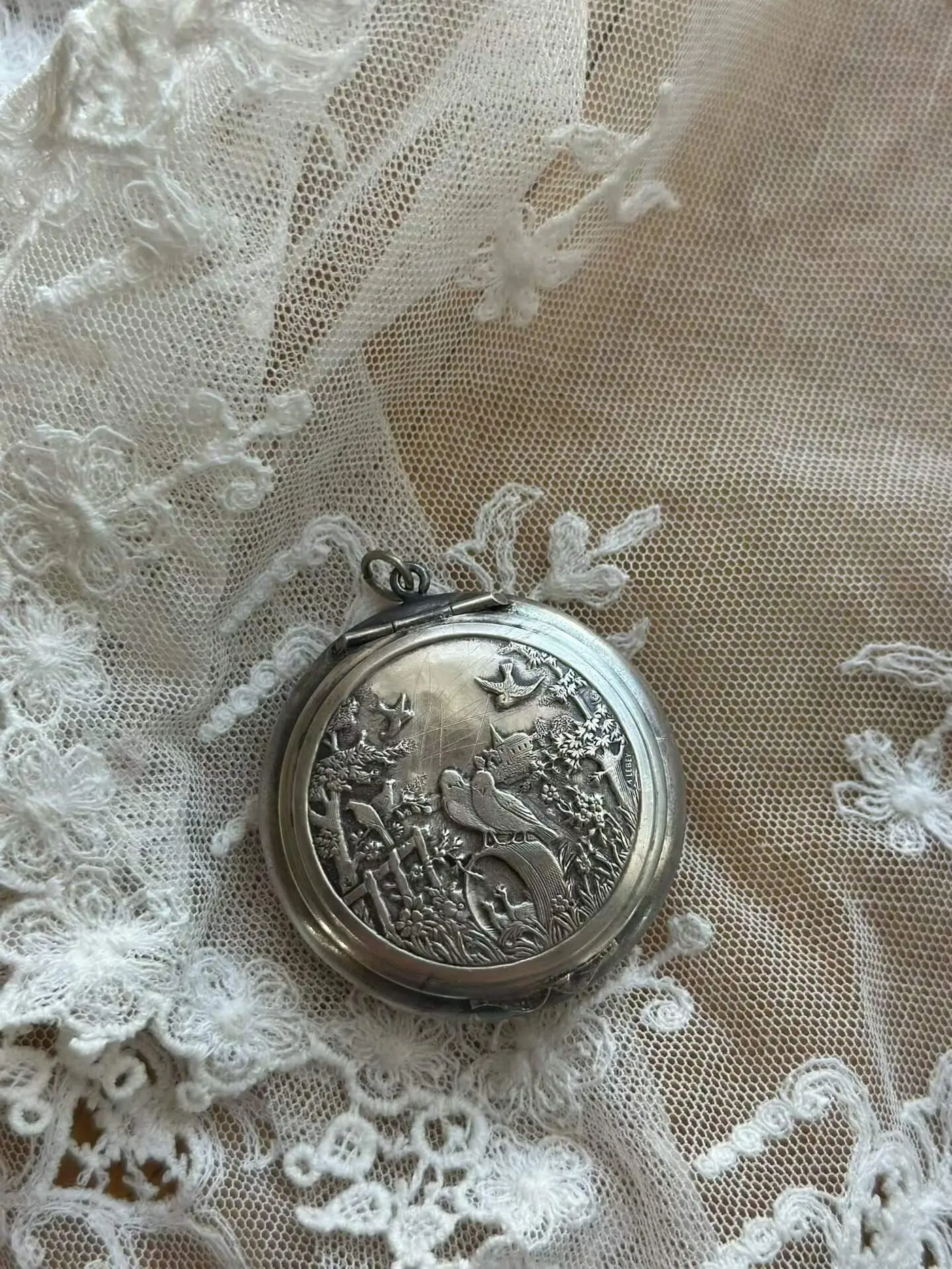 French Antique Solid Silver Pendant with Minerva First-Grade Hallmark, Bird Scene