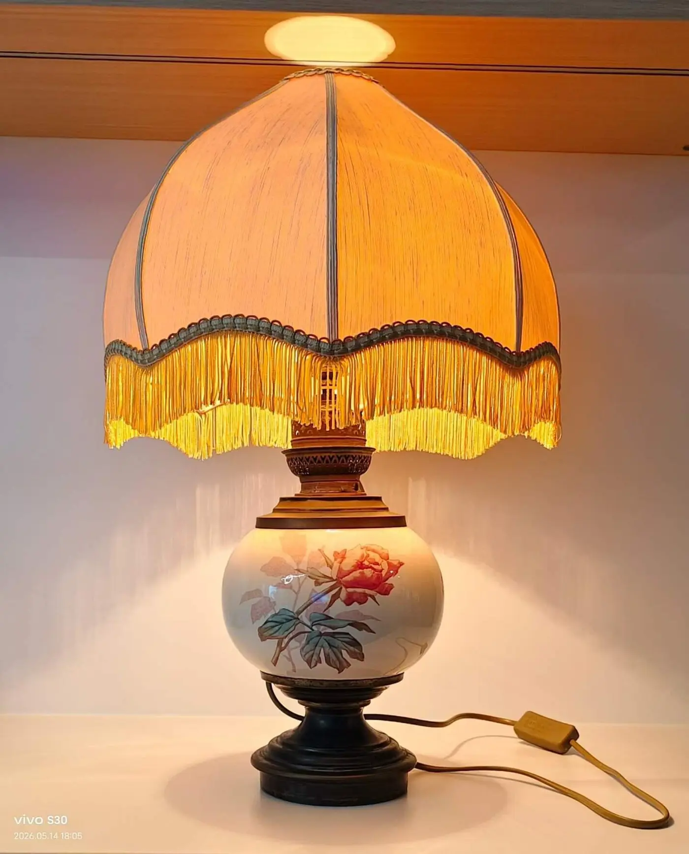 French Vintage Ceramic Kerosene Lamp, Converted to Electric