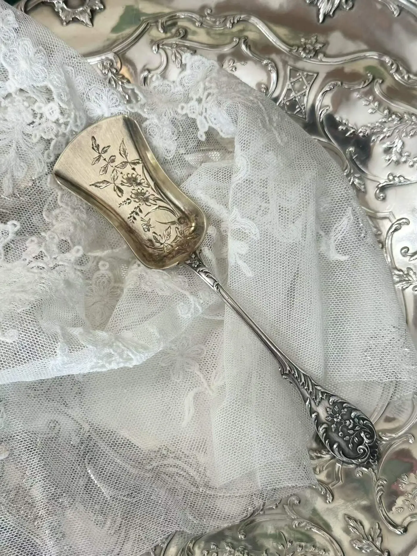 French Antique Sterling Silver Ice Cream Scoop, Minerva 1st Standard, Butterfly Floral Motif