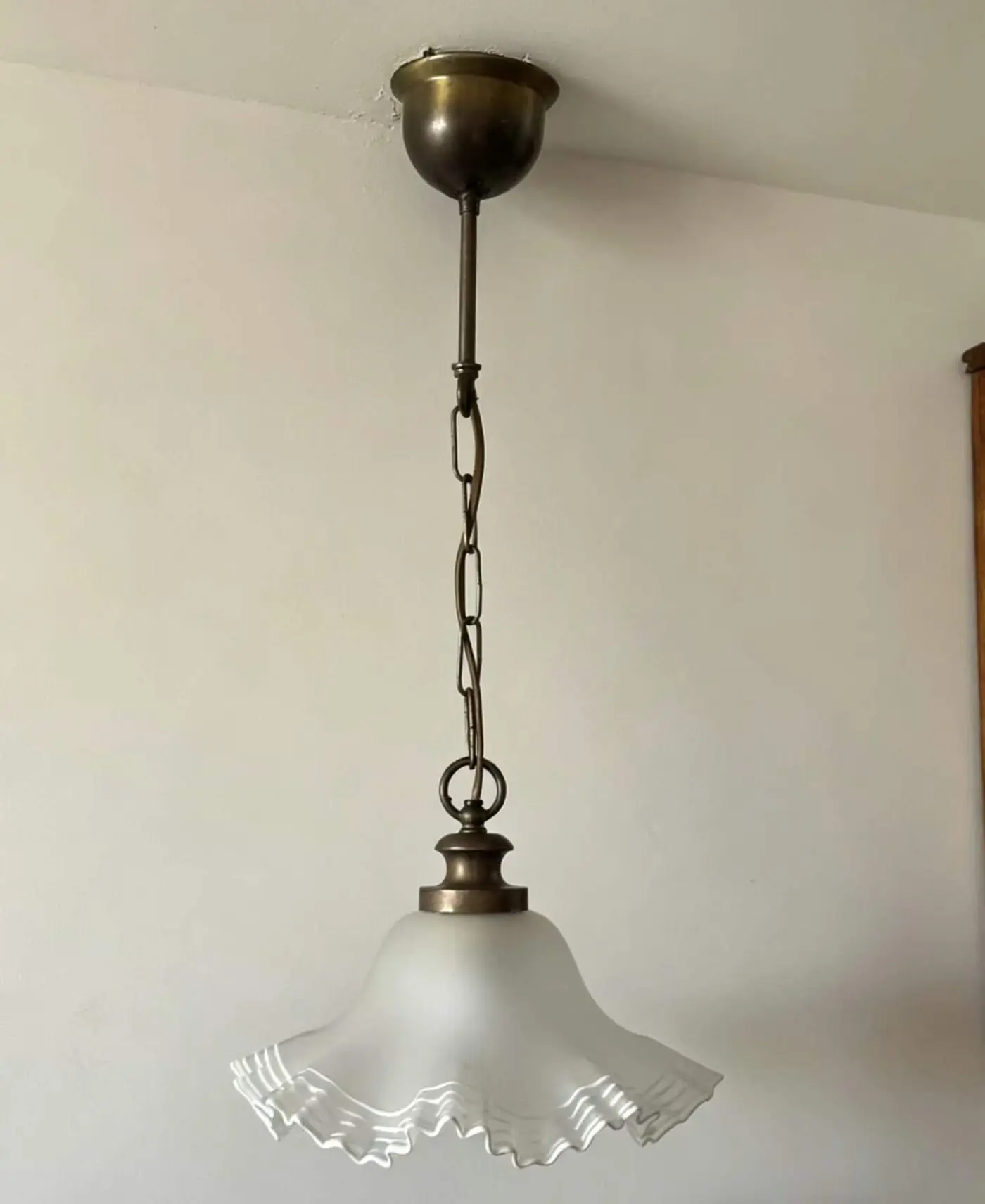 French Vintage Scalloped-Edge Milk Glass Pendant Light