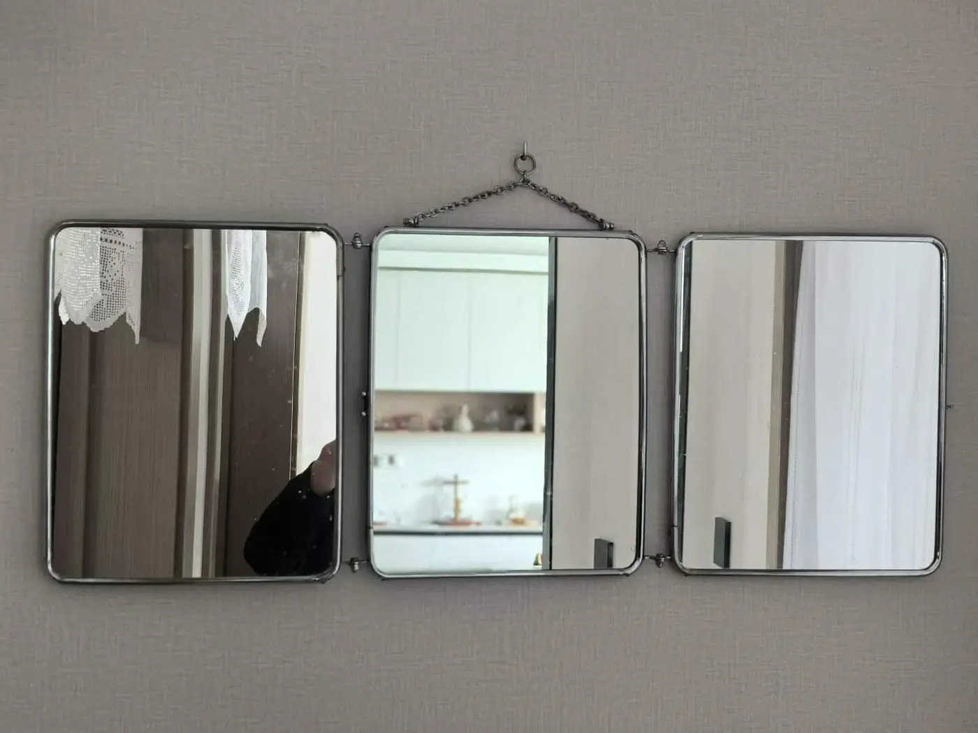 French Vintage Three-Panel Folding Mirror with Burgundy Leather Back
