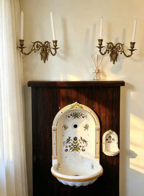 French Vintage Hand-Painted Ceramic Wall-Mounted Sink with Soap Shelf, Amber (est. 1857)